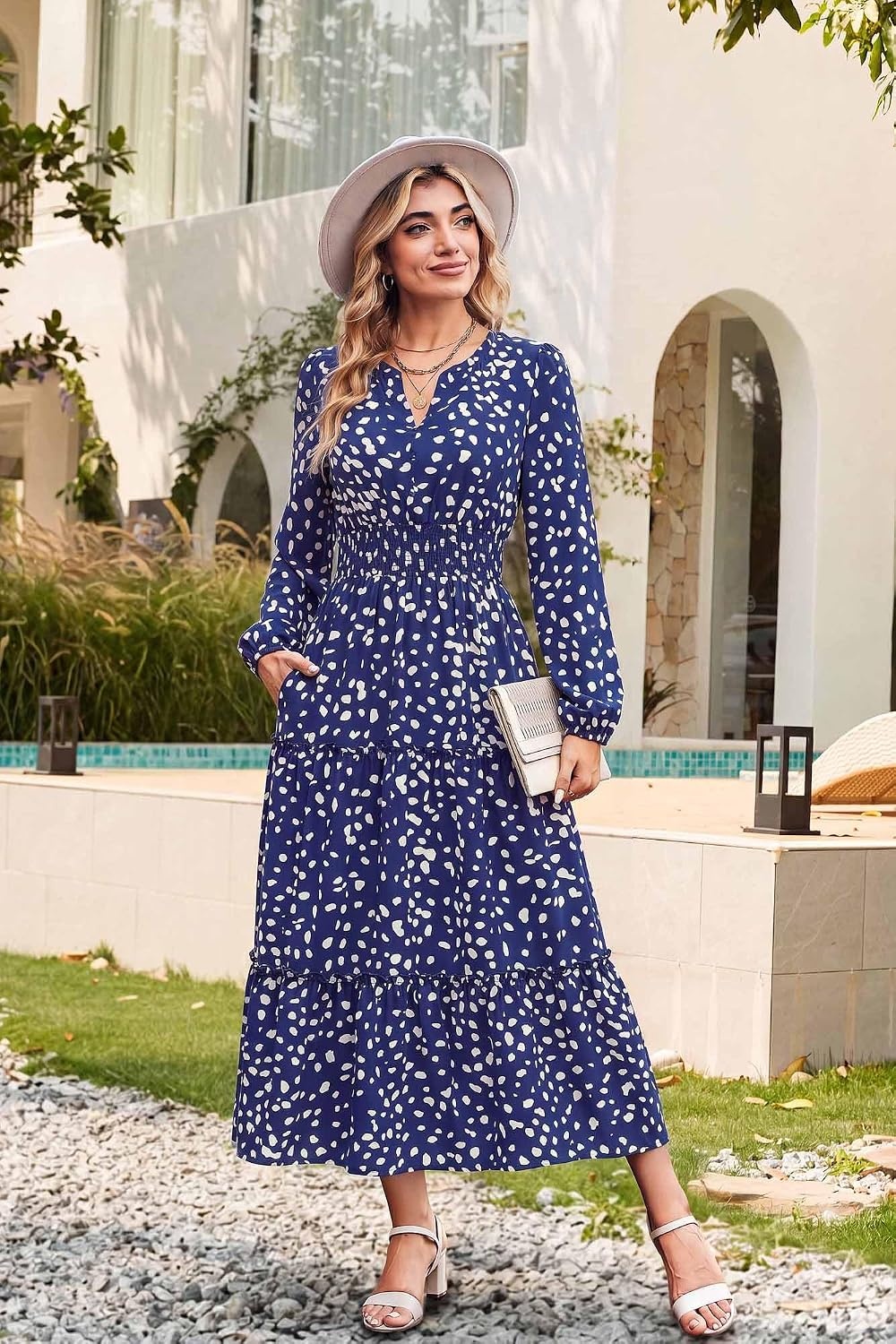 image:imageGRACE KARIN Womens Floral Maxi Dress 2026 Fall Long Sleeve V Neck Empire Waist A Line Flowy Dress with PocketNavy Blue Polka Dots