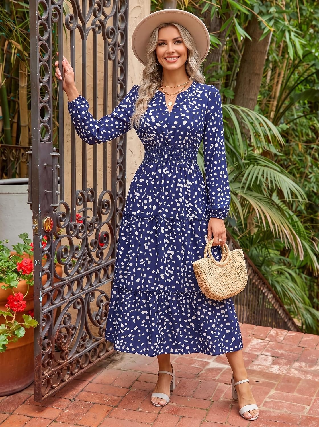 image:imageGRACE KARIN Womens Floral Maxi Dress 2026 Fall Long Sleeve V Neck Empire Waist A Line Flowy Dress with PocketNavy Blue Polka Dots