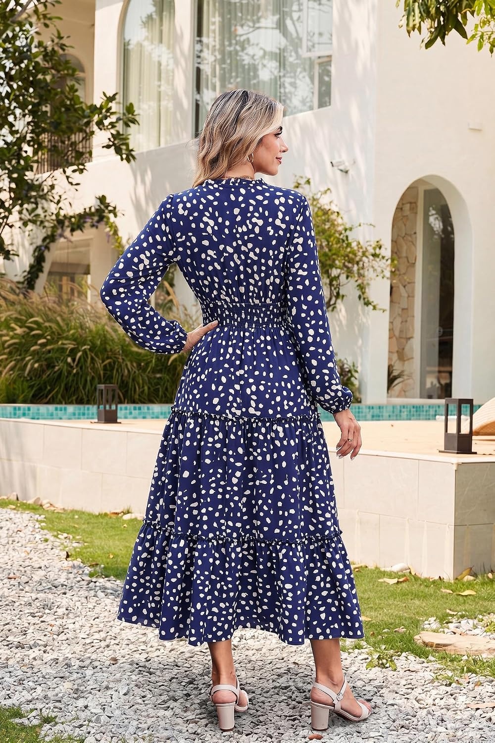 image:imageGRACE KARIN Womens Floral Maxi Dress 2026 Fall Long Sleeve V Neck Empire Waist A Line Flowy Dress with PocketNavy Blue Polka Dots