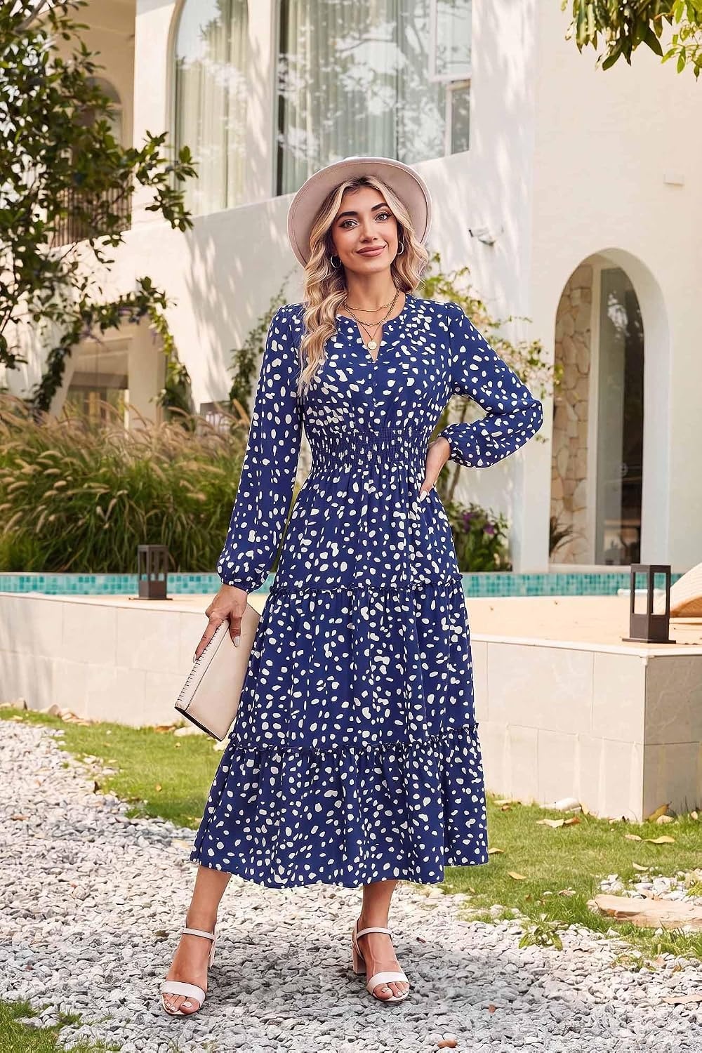 image:imageGRACE KARIN Womens Floral Maxi Dress 2026 Fall Long Sleeve V Neck Empire Waist A Line Flowy Dress with PocketNavy Blue Polka Dots