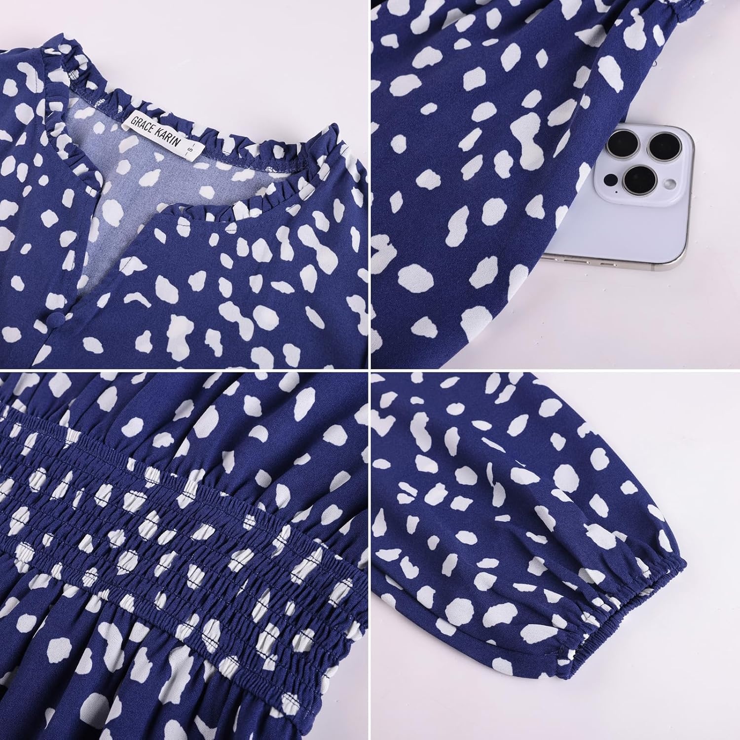 image:imageGRACE KARIN Womens Floral Maxi Dress 2026 Fall Long Sleeve V Neck Empire Waist A Line Flowy Dress with PocketNavy Blue Polka Dots