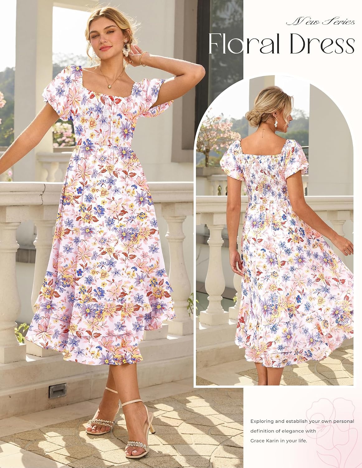 image:imageGRACE KARIN Womens Floral Maxi Wedding Guest Dress 2026 Summer Flowy A Line Pockets Square Neck Chiffon Boho Casual Long Bridal Shower Garden Party Beach Vacation DressMulticolor Floral