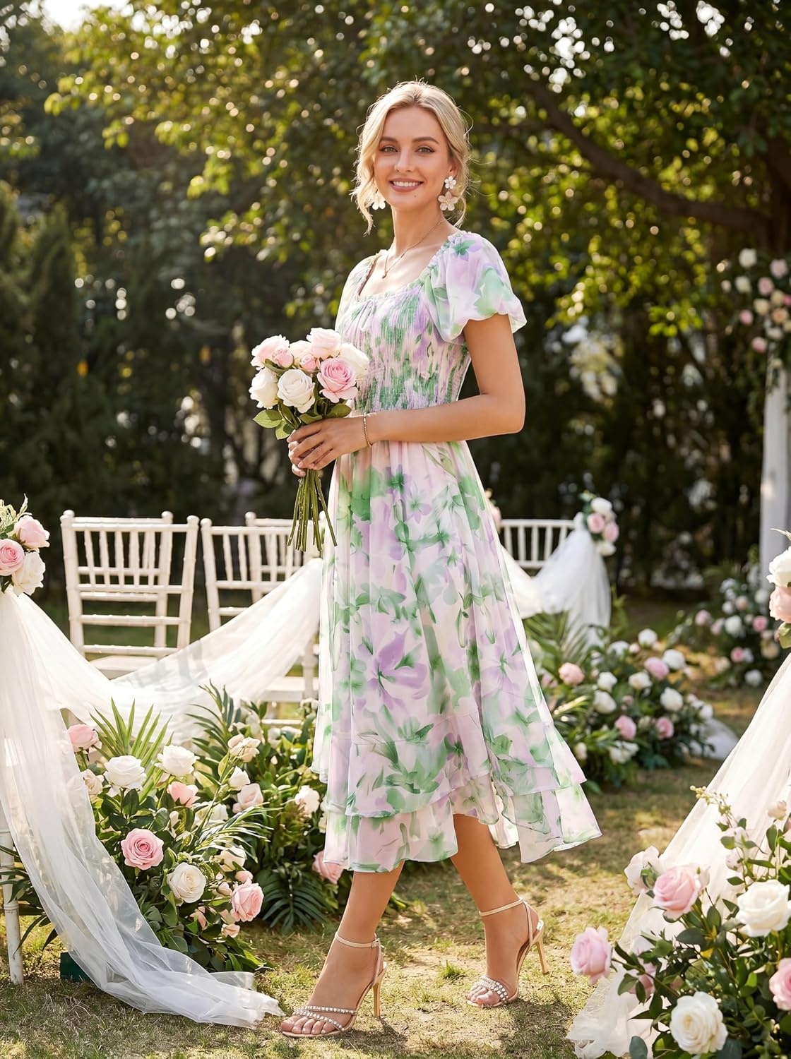 image:imageGRACE KARIN Womens Floral Maxi Wedding Guest Dress 2026 Summer Flowy A Line Pockets Square Neck Chiffon Boho Casual Long Bridal Shower Garden Party Beach Vacation DressGreen Floral