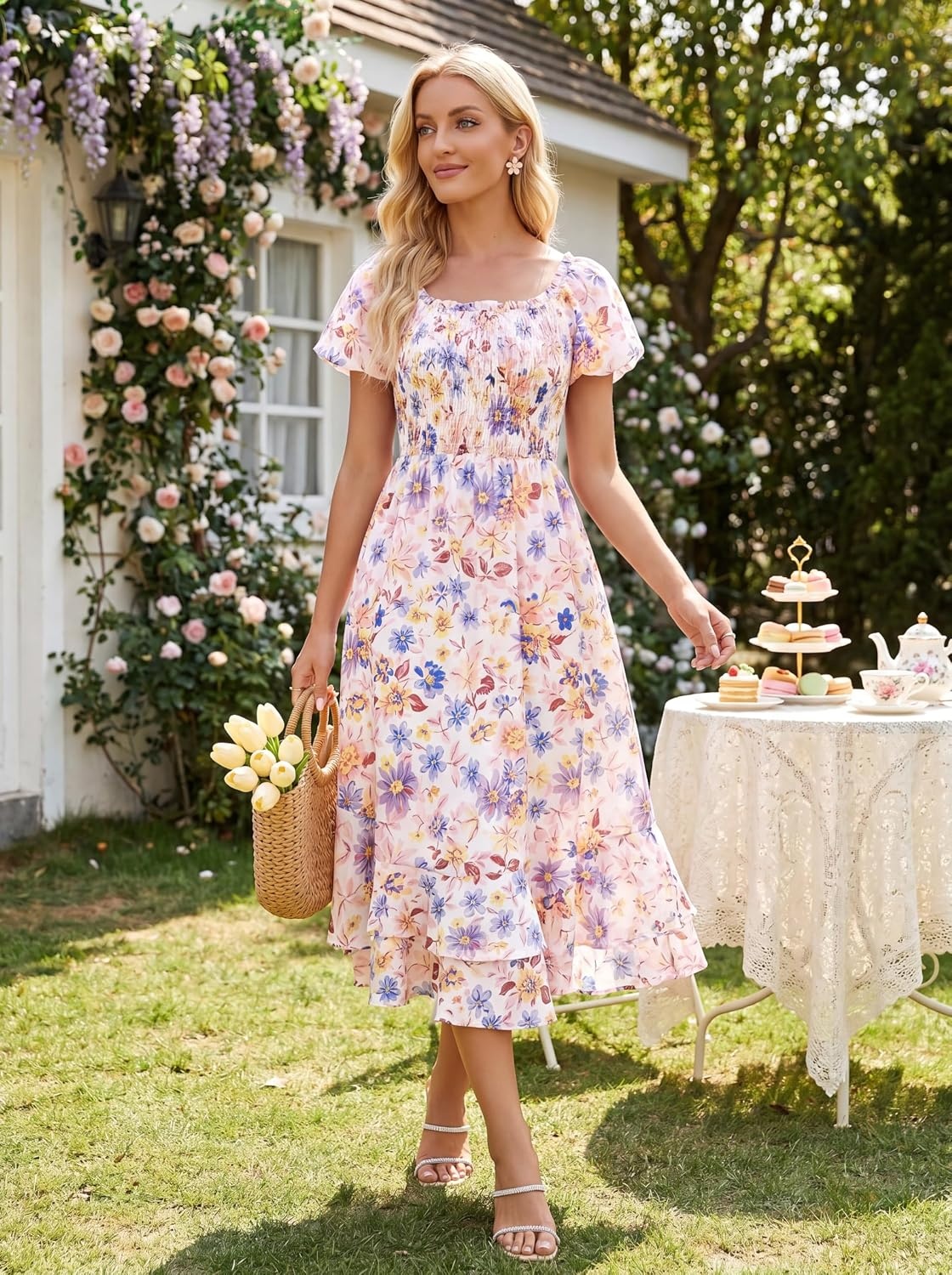 image:imageGRACE KARIN Womens Floral Maxi Wedding Guest Dress 2026 Summer Flowy A Line Pockets Square Neck Chiffon Boho Casual Long Bridal Shower Garden Party Beach Vacation DressMulticolor Floral