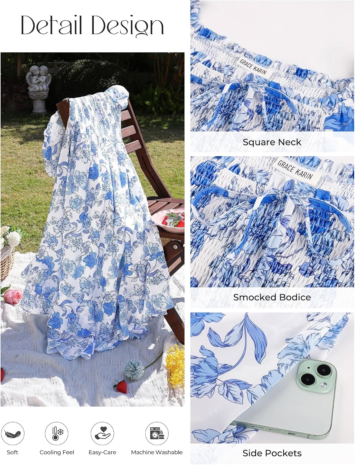 image:imageGRACE KARIN Womens Floral Maxi Wedding Guest Dress 2026 Summer Flowy A Line Pockets Square Neck Chiffon Boho Casual Long Bridal Shower Garden Party Beach Vacation DressWhite Blue Floral