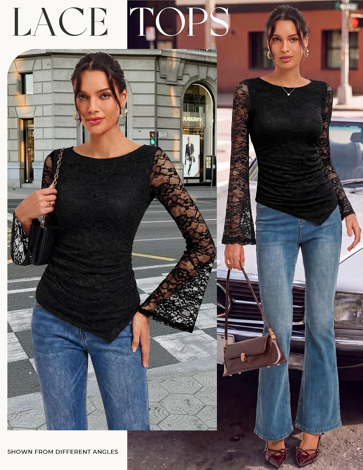 image:imageGRACE KARIN Womens Lace Top Sheer Bell Long Sleeve Boho Tops Fitted Asymmetrical Western Clothes Ruched Mesh Shirt Flowy FallBlack Peony Lace
