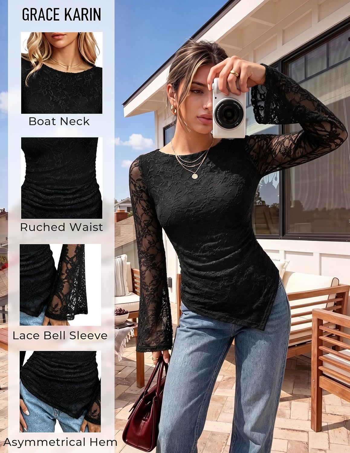 image:imageGRACE KARIN Womens Lace Top Sheer Bell Long Sleeve Boho Tops Fitted Asymmetrical Western Clothes Ruched Mesh Shirt Flowy FallBlack Rose Lace