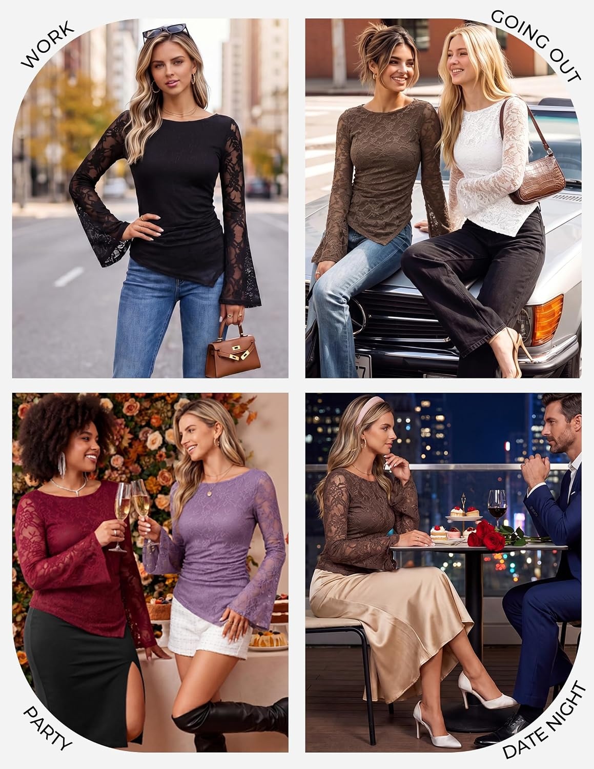 image:imageGRACE KARIN Womens Lace Top Sheer Bell Long Sleeve Boho Tops Fitted Asymmetrical Western Clothes Ruched Mesh Shirt Flowy FallBlack Snowflake Lace