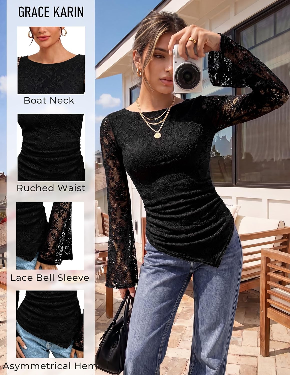 image:imageGRACE KARIN Womens Lace Top Sheer Bell Long Sleeve Boho Tops Fitted Asymmetrical Western Clothes Ruched Mesh Shirt Flowy FallBlack Snowflake Lace