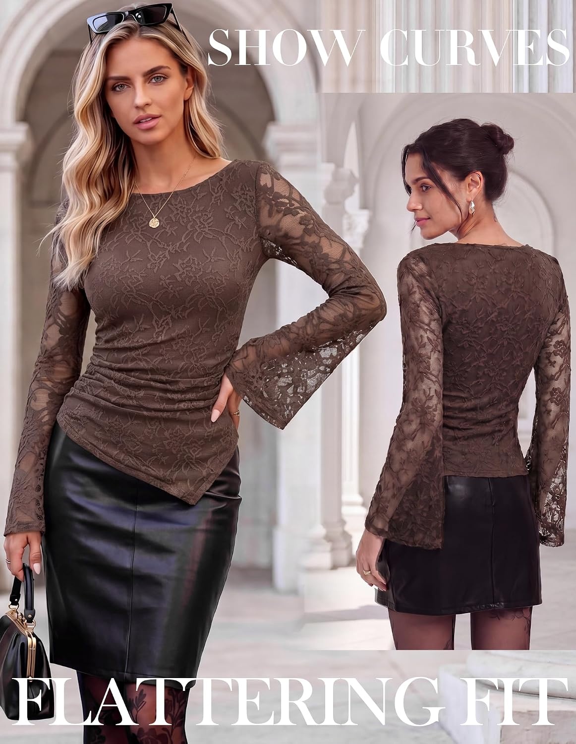 image:imageGRACE KARIN Womens Lace Top Sheer Bell Long Sleeve Boho Tops Fitted Asymmetrical Western Clothes Ruched Mesh Shirt Flowy FallCoffee Rose Lace
