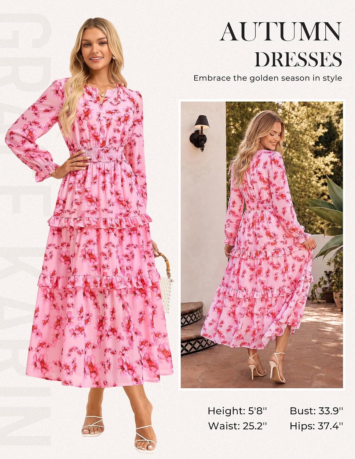image:imageGRACE KARIN Womens Long Sleeve Fall Wedding Guest Floral Dress 2026 V NeckPocketsSmocked TiededA LineFlowy Maxi DressesCasual Boho Outfits Suitable for OutingDatesTravelVacationsPink Floral
