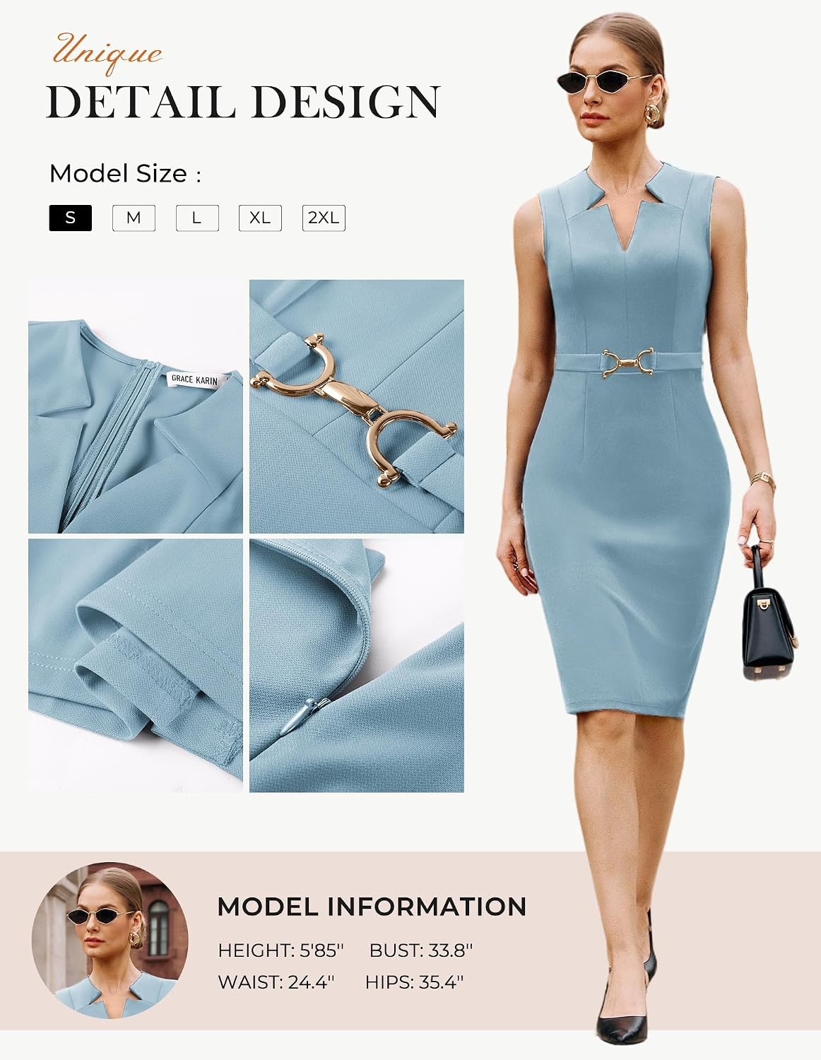 image:imageGRACE KARIN Womens Midi Work Business Formal Funeral Dresses 2026 Summer Sleeveless V Neck Bodycon Pencil Sheath Knee Length Dress Professional Formal Office Church Cocktail OutfitsGray Blue