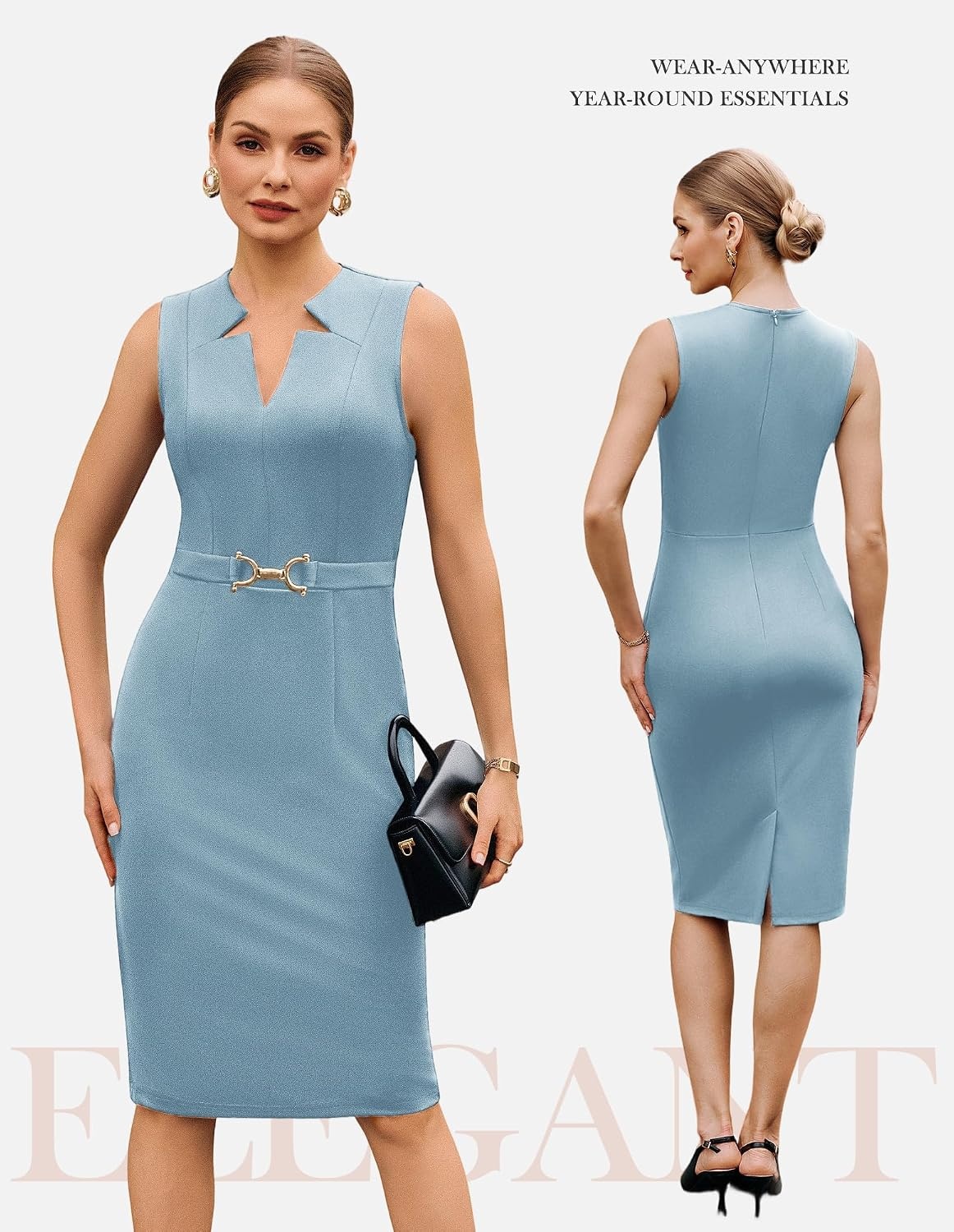 image:imageGRACE KARIN Womens Midi Work Business Formal Funeral Dresses 2026 Summer Sleeveless V Neck Bodycon Pencil Sheath Knee Length Dress Professional Formal Office Church Cocktail OutfitsGray Blue