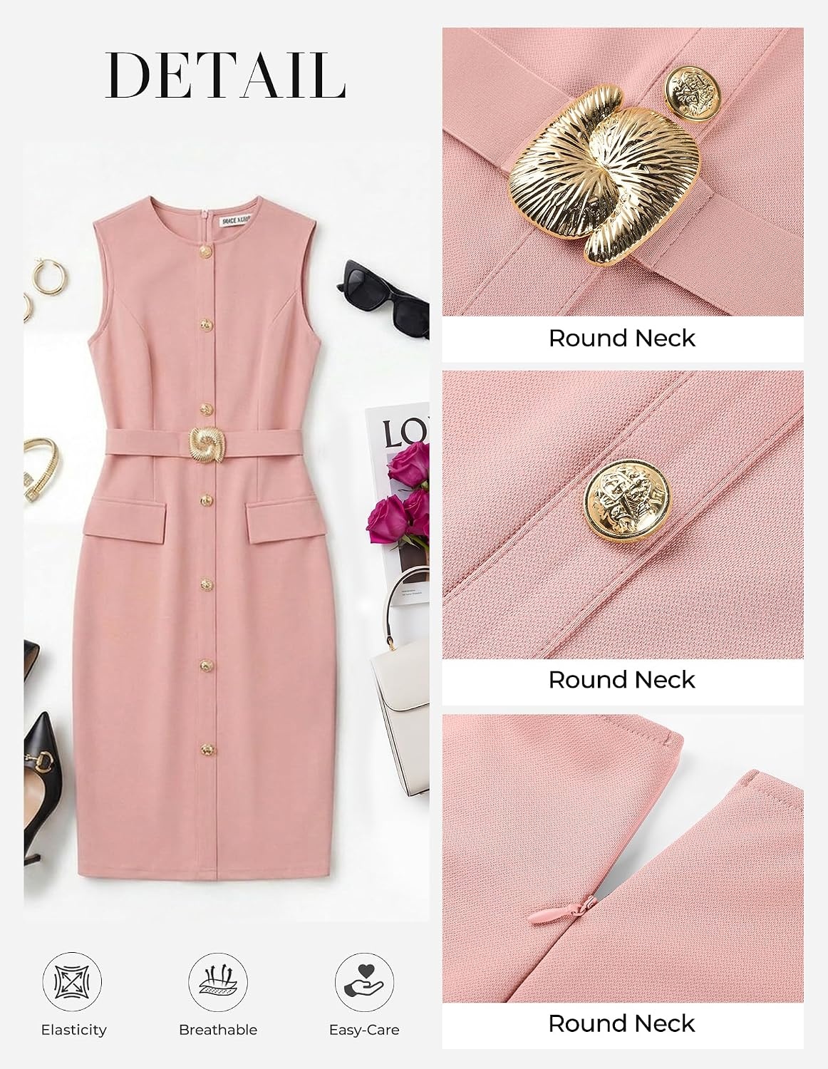 image:imageGRACE KARIN Womens Sleeveless Bodycon Work Office Business Dress 2026 Crew NeckBack ZipperElastic BeltKnee LengthClassic Sheath Outfits Suitable for FunralChurchBusiness CasualTravelPink