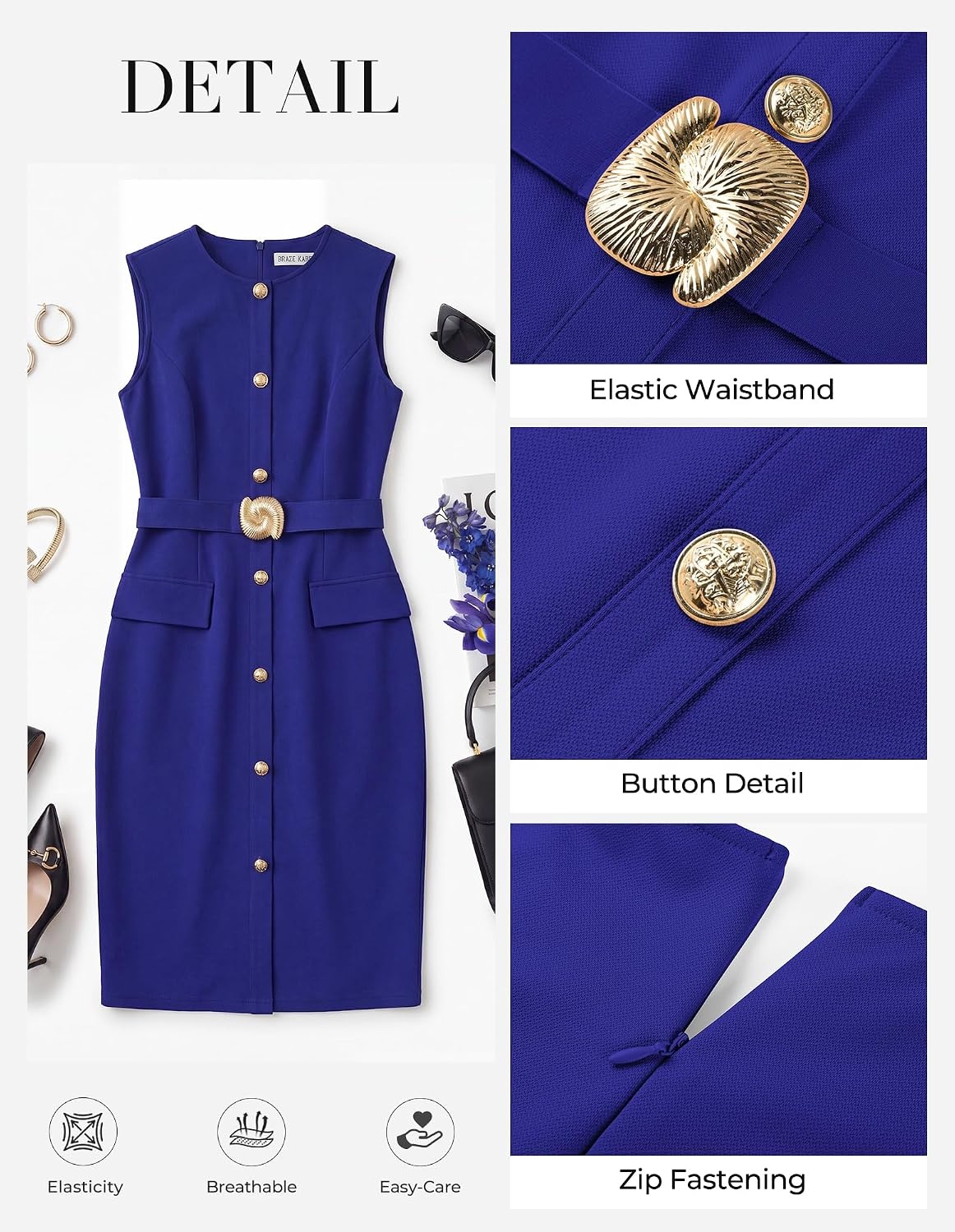 image:imageGRACE KARIN Womens Sleeveless Bodycon Work Office Business Dress 2026 Crew NeckBack ZipperElastic BeltKnee LengthClassic Sheath Outfits Suitable for FunralChurchBusiness CasualTravelRoyal Blue