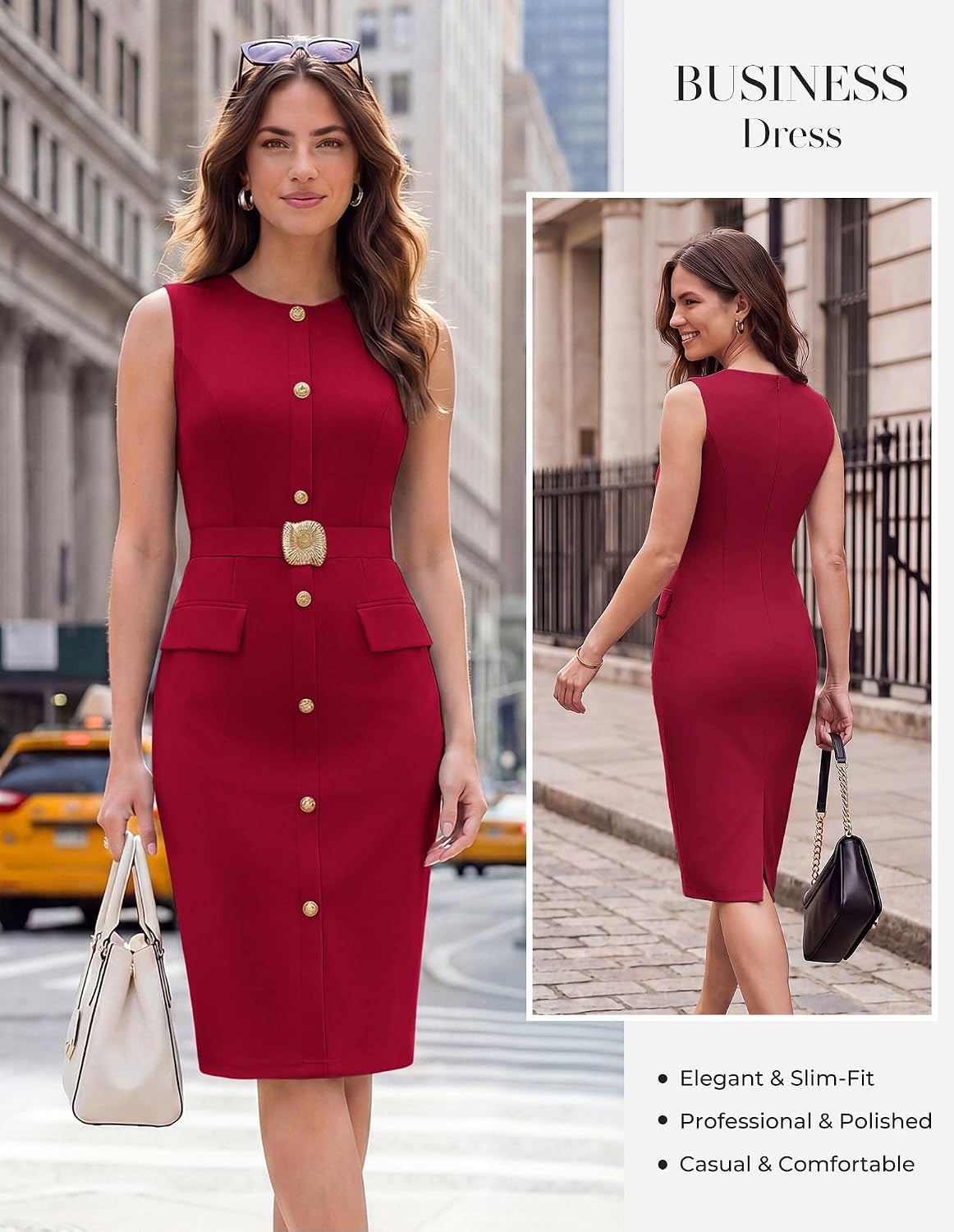 image:imageGRACE KARIN Womens Sleeveless Bodycon Work Office Business Dress 2026 Crew NeckBack ZipperElastic BeltKnee LengthClassic Sheath Outfits Suitable for FunralChurchBusiness CasualTravelDark Red