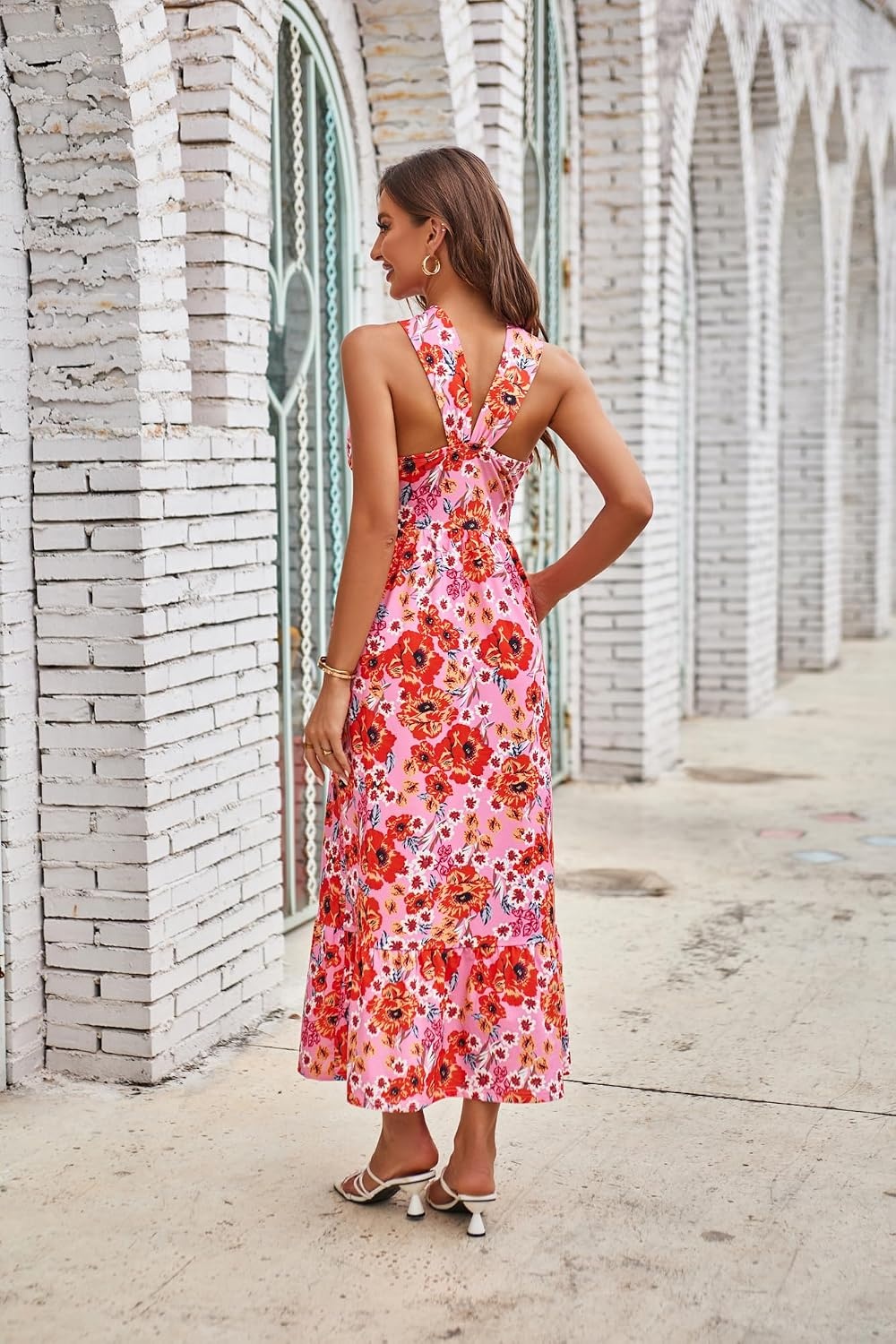 image:imageGRACE KARIN Womens Summer Floral Halter Boho Maxi Dresses 2026 Flowy Criss Cross A Line Long Sundress Casual Tropical Vacation Beach Clothes Wedding Guest Dress With PocketBrightpink