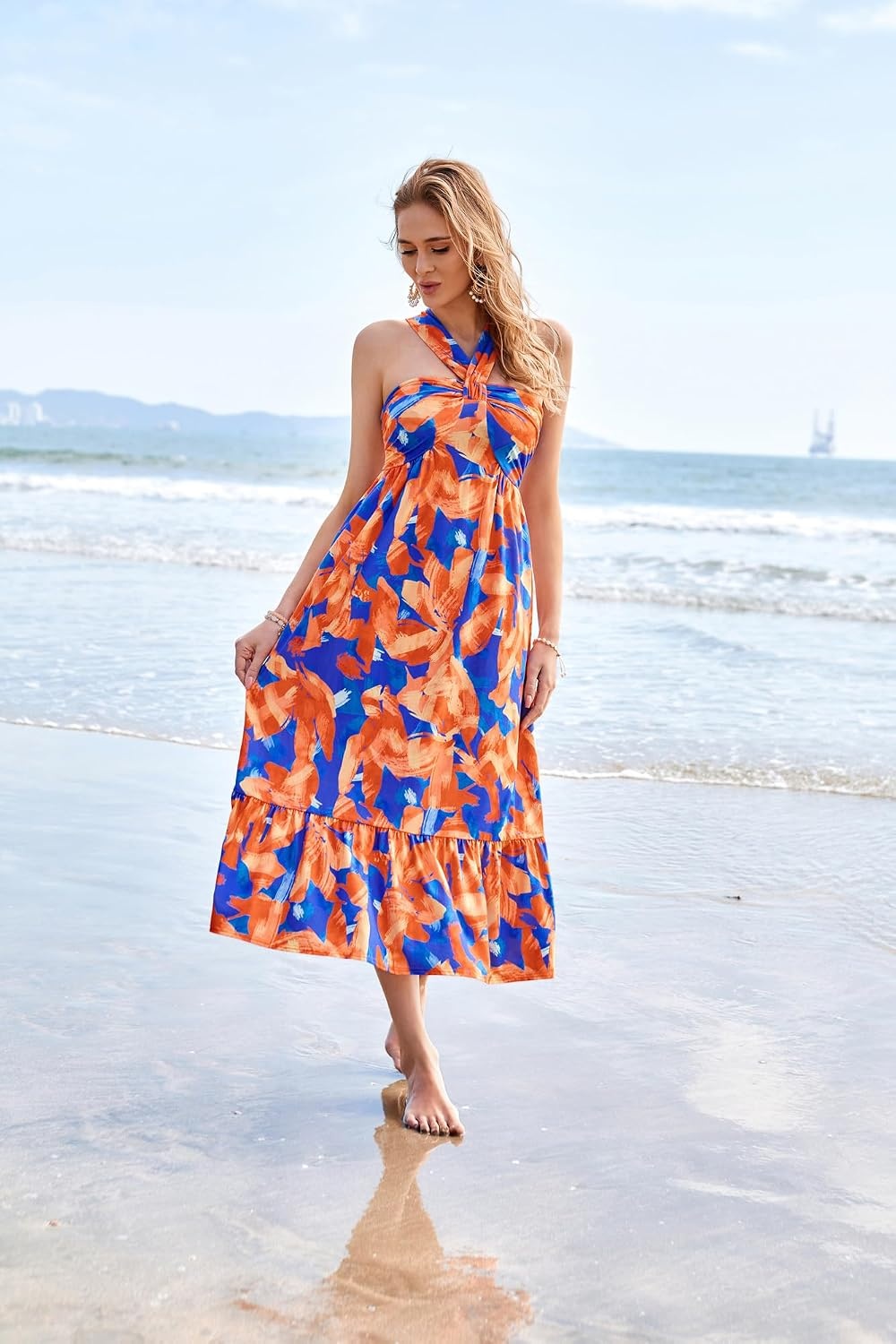 image:imageGRACE KARIN Womens Summer Floral Halter Boho Maxi Dresses 2026 Flowy Criss Cross A Line Long Sundress Casual Tropical Vacation Beach Clothes Wedding Guest Dress With PocketBlue Flowers