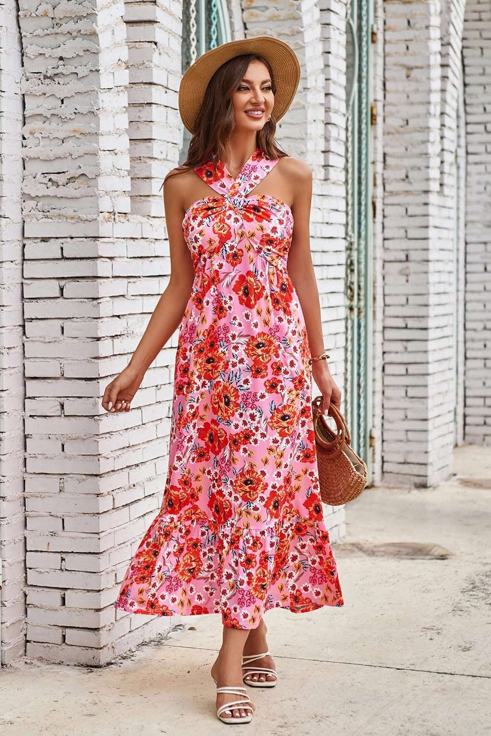 image:imageGRACE KARIN Womens Summer Floral Halter Boho Maxi Dresses 2026 Flowy Criss Cross A Line Long Sundress Casual Tropical Vacation Beach Clothes Wedding Guest Dress With PocketBrightpink