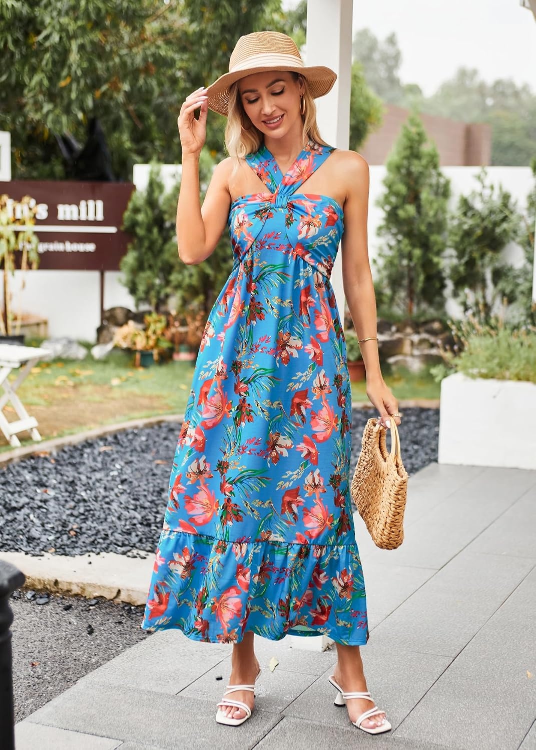 image:imageGRACE KARIN Womens Summer Floral Halter Boho Maxi Dresses 2026 Flowy Criss Cross A Line Long Sundress Casual Tropical Vacation Beach Clothes Wedding Guest Dress With PocketBlue Red