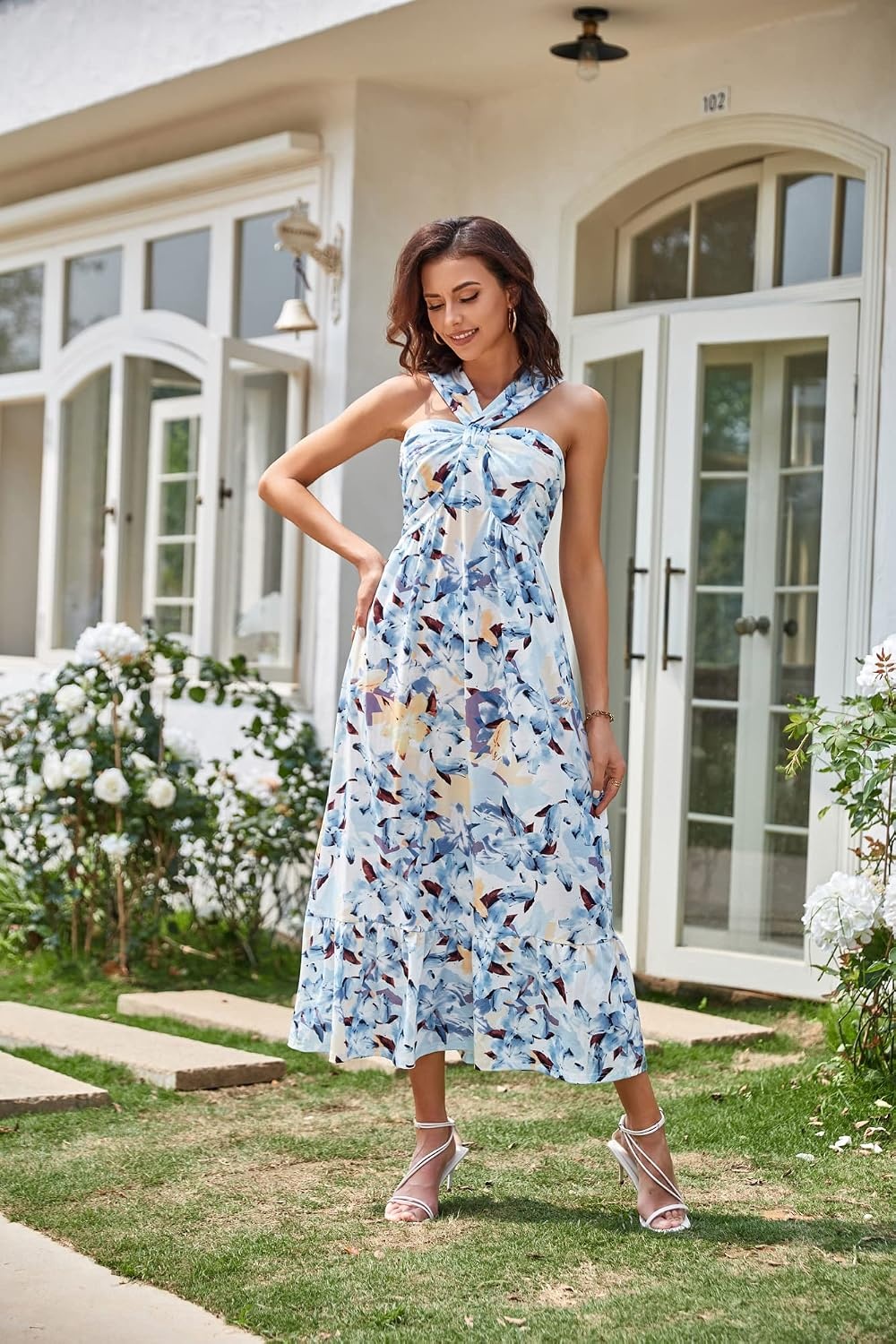 image:imageGRACE KARIN Womens Summer Floral Halter Boho Maxi Dresses 2026 Flowy Criss Cross A Line Long Sundress Casual Tropical Vacation Beach Clothes Wedding Guest Dress With PocketFloral White Blue
