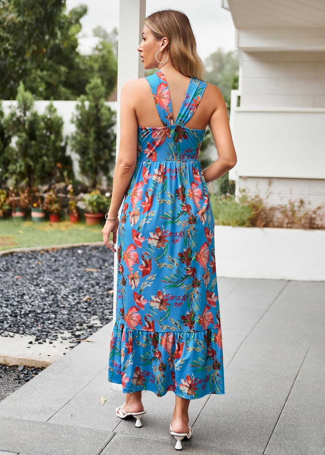 image:imageGRACE KARIN Womens Summer Floral Halter Boho Maxi Dresses 2026 Flowy Criss Cross A Line Long Sundress Casual Tropical Vacation Beach Clothes Wedding Guest Dress With PocketBlue Red