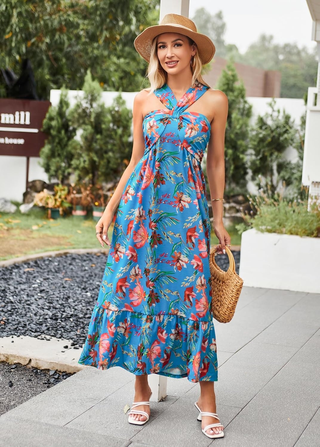 image:imageGRACE KARIN Womens Summer Floral Halter Boho Maxi Dresses 2026 Flowy Criss Cross A Line Long Sundress Casual Tropical Vacation Beach Clothes Wedding Guest Dress With PocketBlue Red