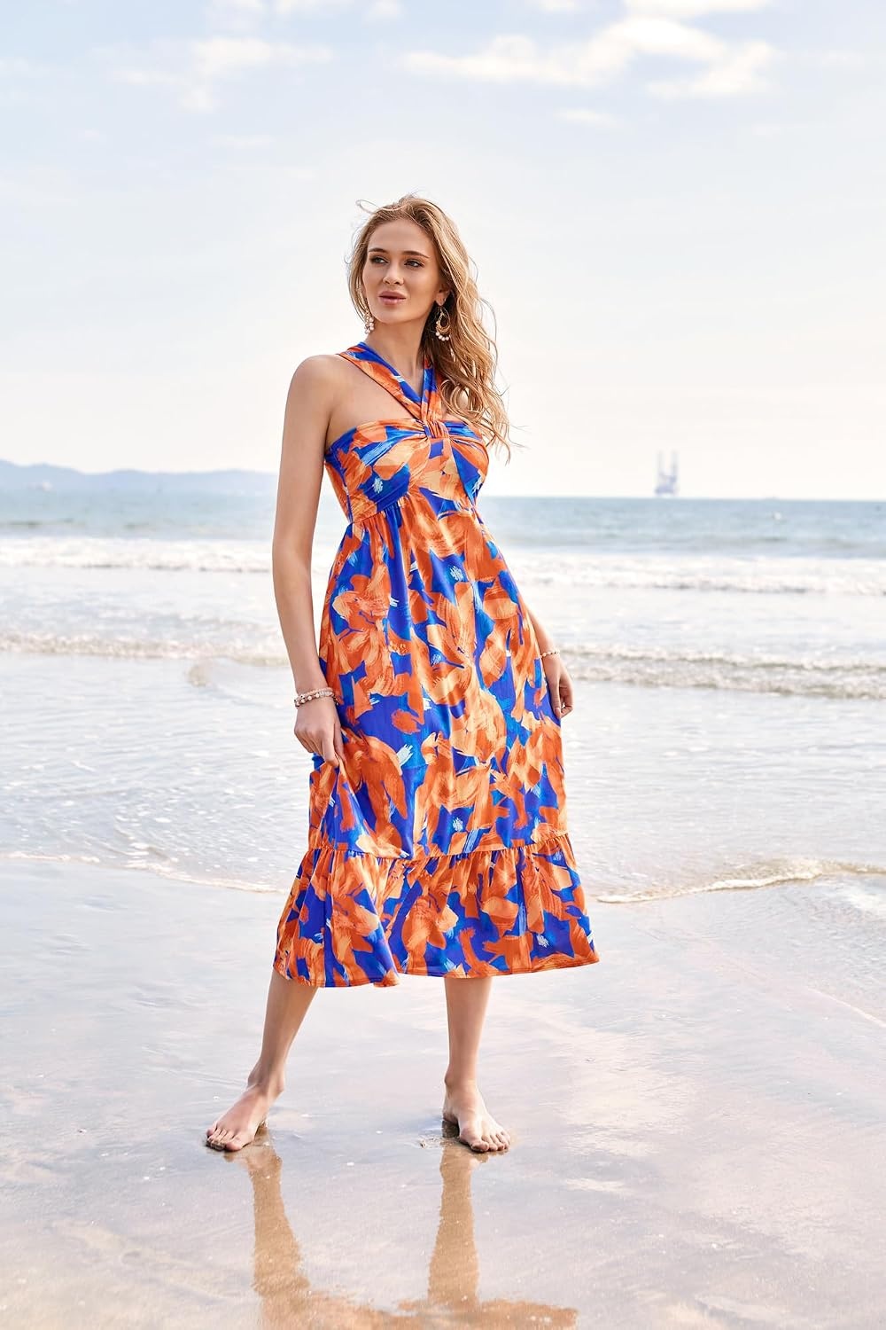 image:imageGRACE KARIN Womens Summer Floral Halter Boho Maxi Dresses 2026 Flowy Criss Cross A Line Long Sundress Casual Tropical Vacation Beach Clothes Wedding Guest Dress With PocketBlue Flowers