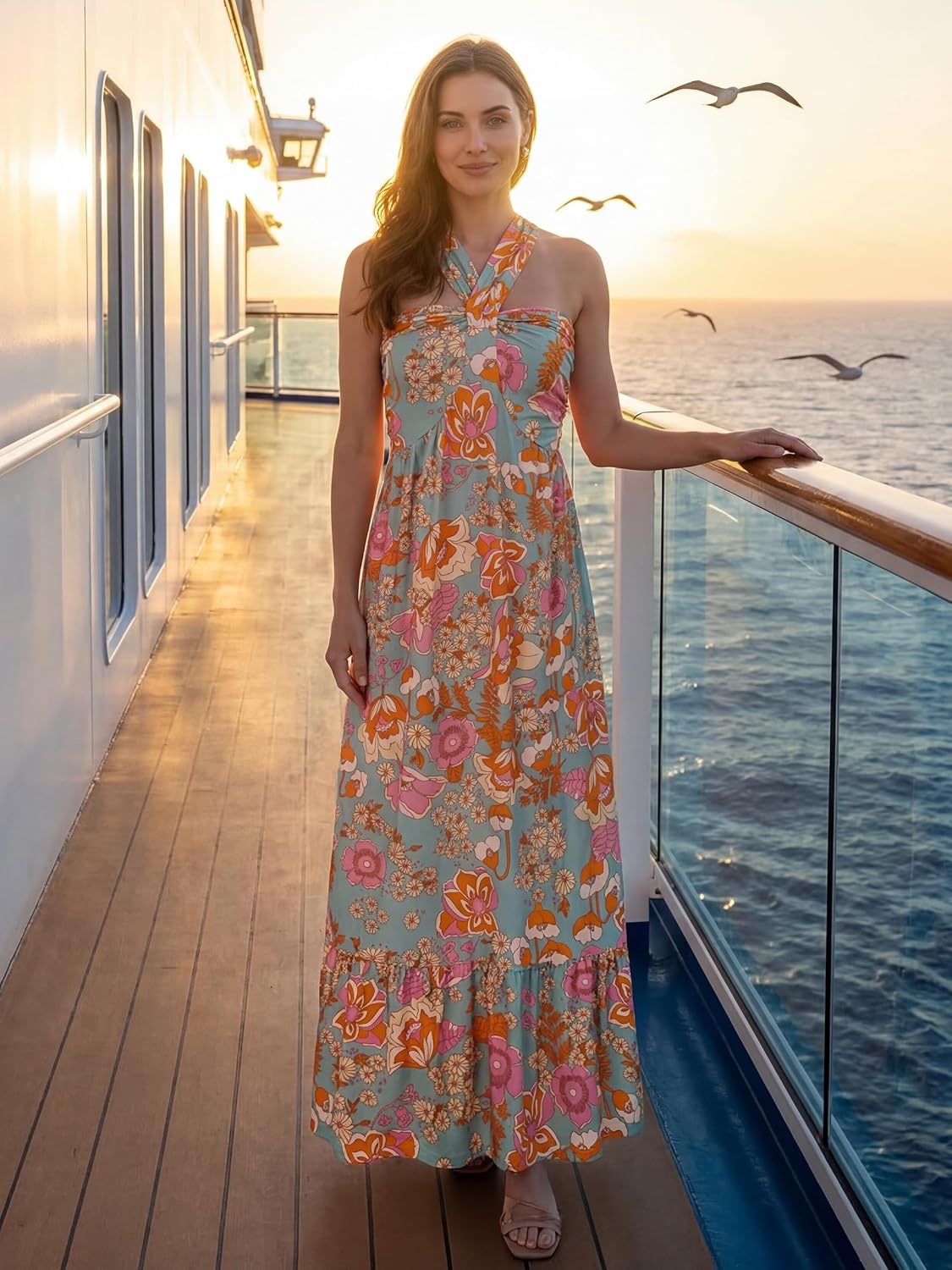 image:imageGRACE KARIN Womens Summer Floral Halter Boho Maxi Dresses 2026 Flowy Criss Cross A Line Long Sundress Casual Tropical Vacation Beach Clothes Wedding Guest Dress With PocketGreygreen