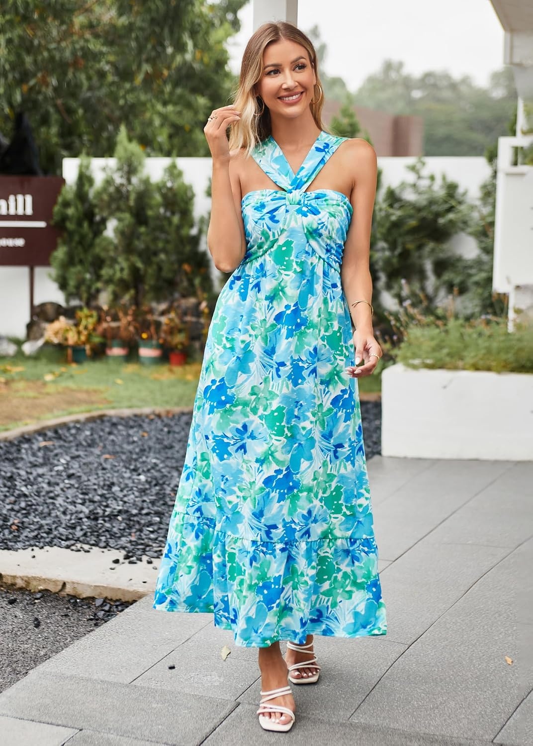 image:imageGRACE KARIN Womens Summer Floral Halter Boho Maxi Dresses 2026 Flowy Criss Cross A Line Long Sundress Casual Tropical Vacation Beach Clothes Wedding Guest Dress With PocketBlue Green