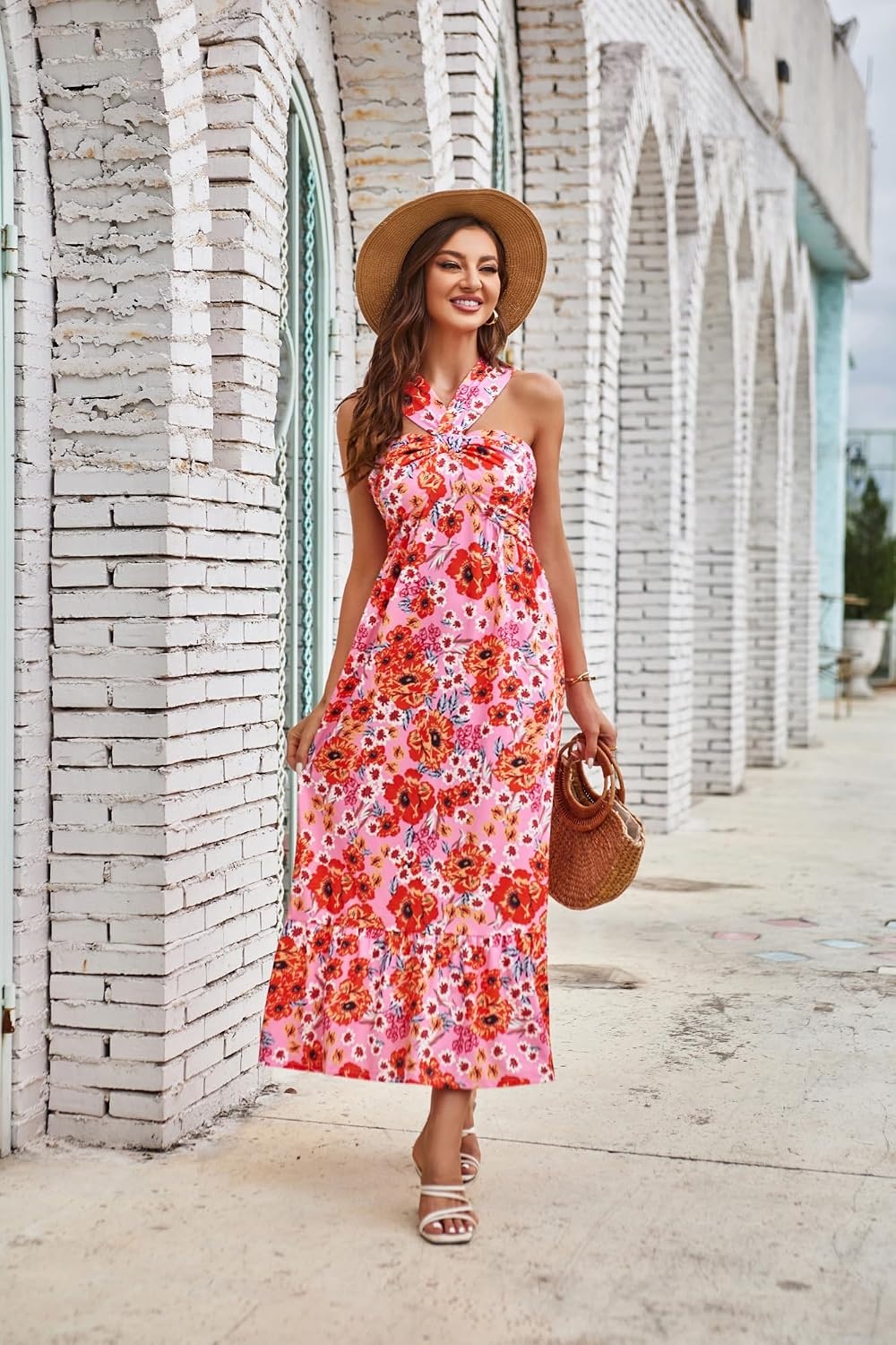 image:imageGRACE KARIN Womens Summer Floral Halter Boho Maxi Dresses 2026 Flowy Criss Cross A Line Long Sundress Casual Tropical Vacation Beach Clothes Wedding Guest Dress With PocketBrightpink