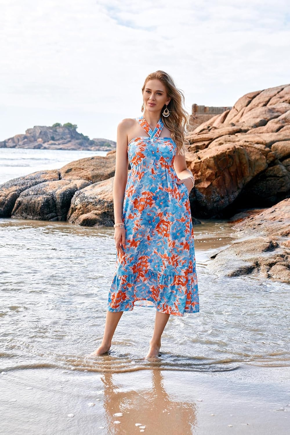 image:imageGRACE KARIN Womens Summer Floral Halter Boho Maxi Dresses 2026 Flowy Criss Cross A Line Long Sundress Casual Tropical Vacation Beach Clothes Wedding Guest Dress With PocketBlue Watercolour
