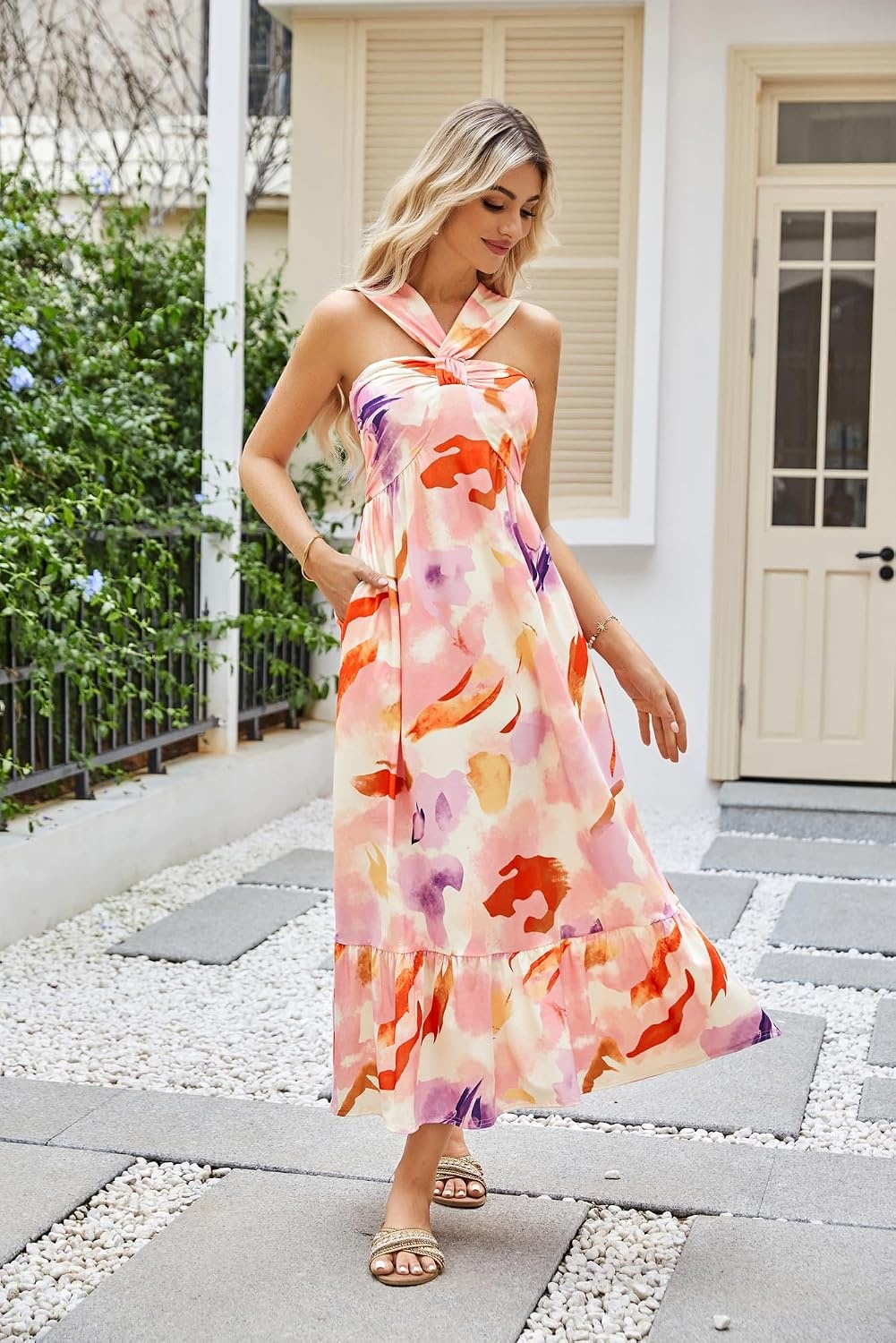 image:imageGRACE KARIN Womens Summer Floral Halter Boho Maxi Dresses 2026 Flowy Criss Cross A Line Long Sundress Casual Tropical Vacation Beach Clothes Wedding Guest Dress With PocketLilac Calpyso
