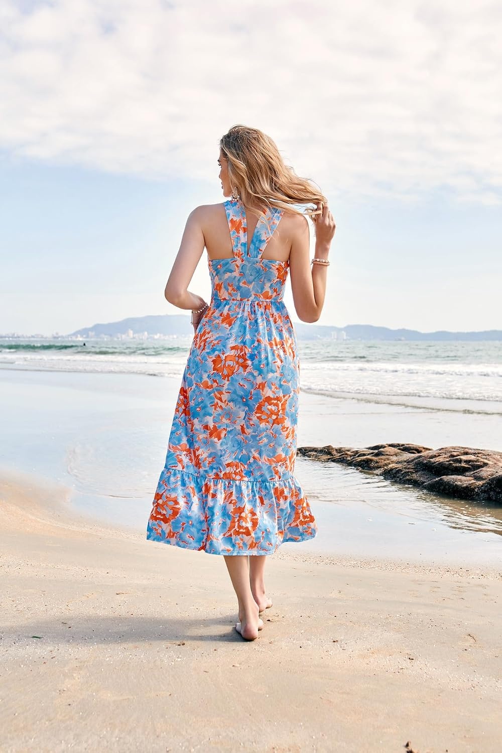 image:imageGRACE KARIN Womens Summer Floral Halter Boho Maxi Dresses 2026 Flowy Criss Cross A Line Long Sundress Casual Tropical Vacation Beach Clothes Wedding Guest Dress With PocketBlue Watercolour