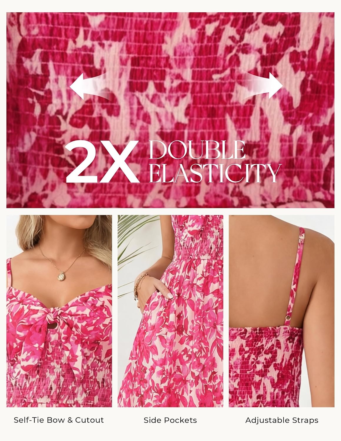 image:imageGRACE KARIN Womens Summer Floral Maxi Sundresses Beach Boho Dress with PocketsSpaghetti StrapV NeckSmocked BackCasual Fashion ClothesVacation OutfitsA Line Long DressHot Pink Floral