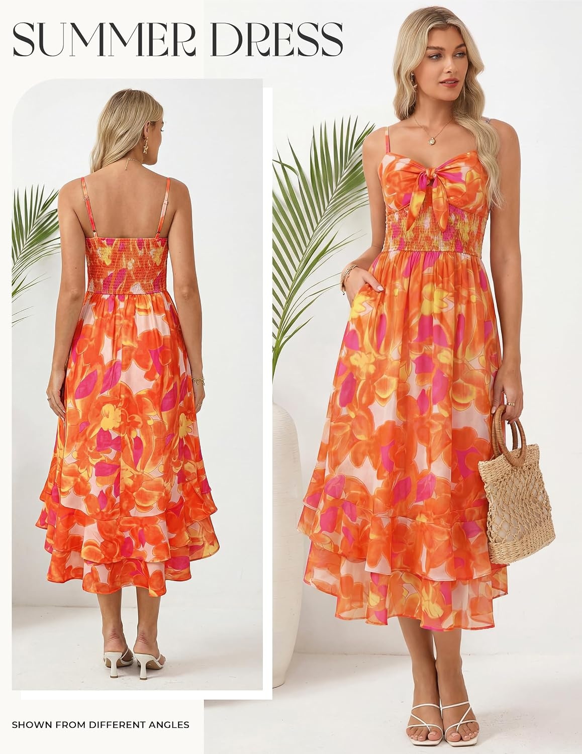 image:imageGRACE KARIN Womens Summer Floral Maxi Sundresses Beach Boho Dress with PocketsSpaghetti StrapV NeckSmocked BackCasual Fashion ClothesVacation OutfitsA Line Long DressOrange Floral