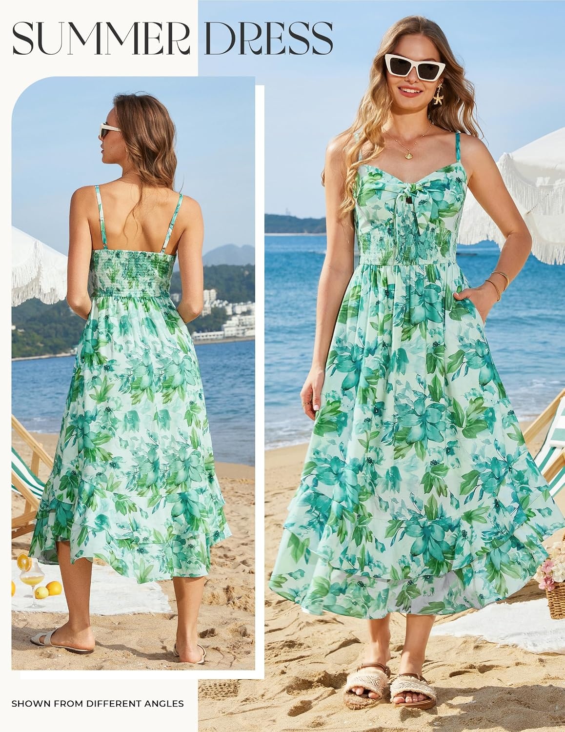image:imageGRACE KARIN Womens Summer Floral Maxi Sundresses Beach Boho Dress with PocketsSpaghetti StrapV NeckSmocked BackCasual Fashion ClothesVacation OutfitsA Line Long DressLight Green Floral