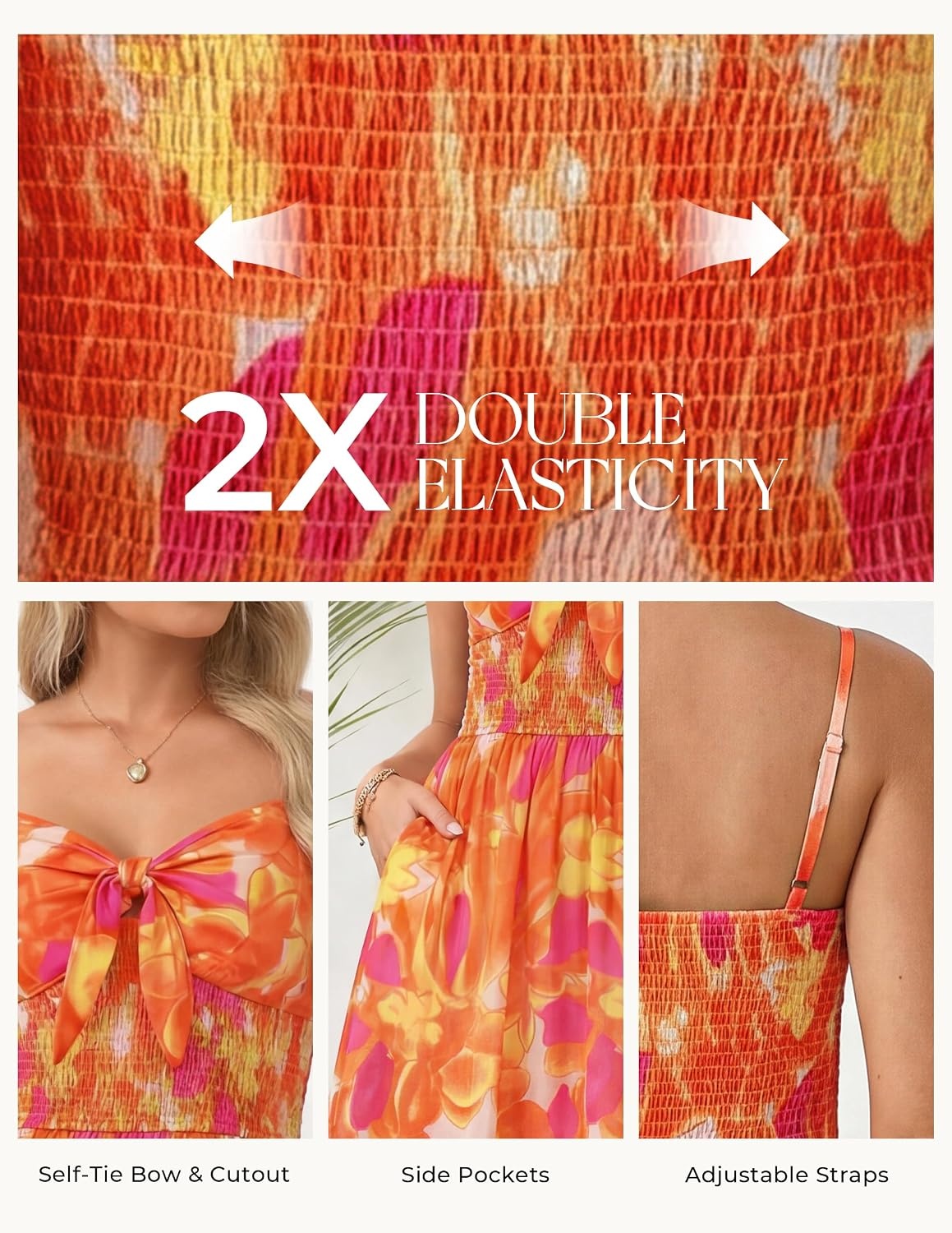 image:imageGRACE KARIN Womens Summer Floral Maxi Sundresses Beach Boho Dress with PocketsSpaghetti StrapV NeckSmocked BackCasual Fashion ClothesVacation OutfitsA Line Long DressOrange Floral