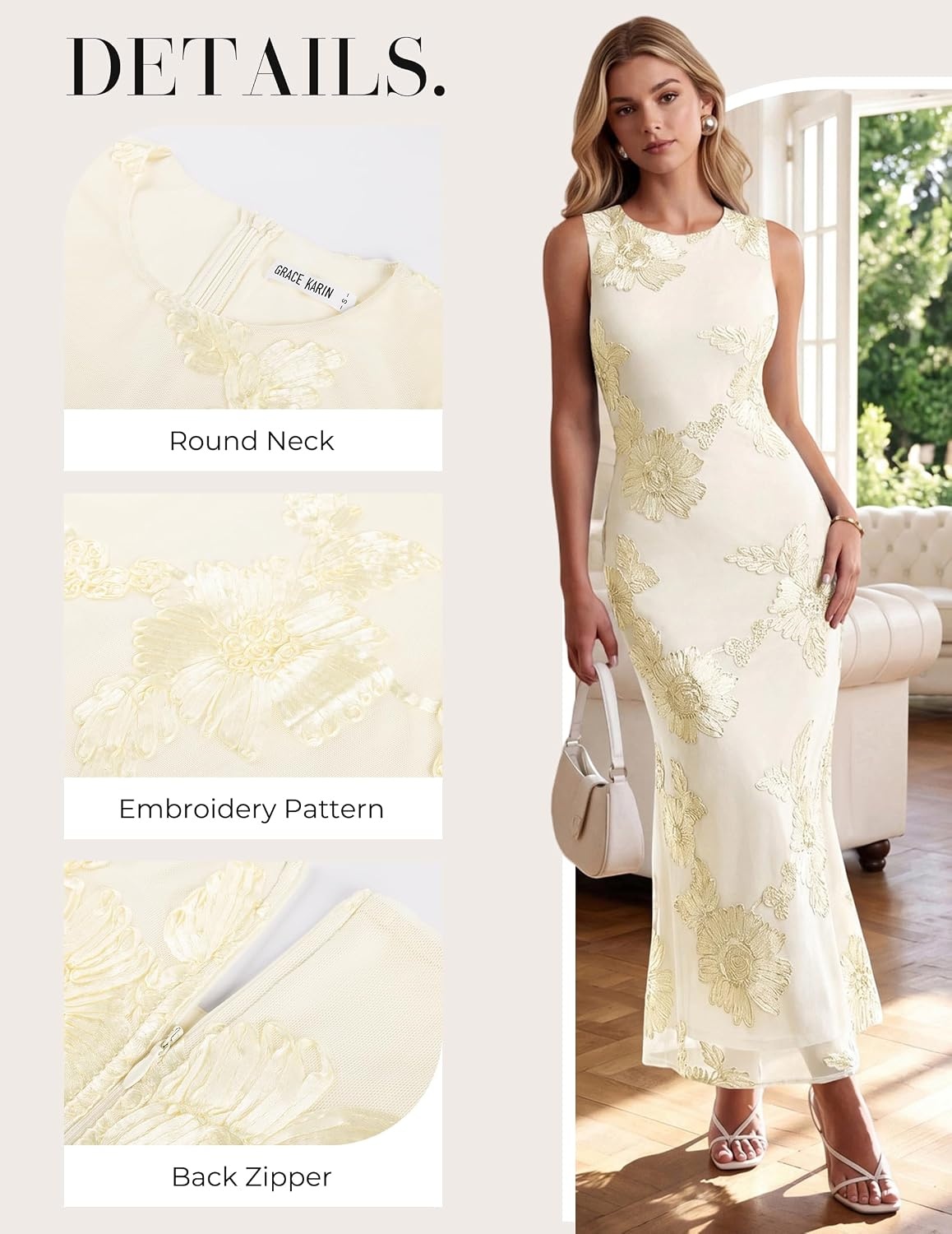 image:imageGRACE KARIN Womens Summer Floral Mesh Wedding Guest Dress SleevelessCrew NeckBodyconMidi Long DressesSemi FormalBridal ShowerCocktailPartySexy PromBeachCream