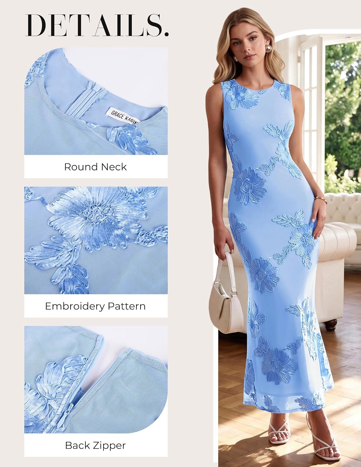 image:imageGRACE KARIN Womens Summer Floral Mesh Wedding Guest Dress SleevelessCrew NeckBodyconMidi Long DressesSemi FormalBridal ShowerCocktailPartySexy PromBeachBaby Blue