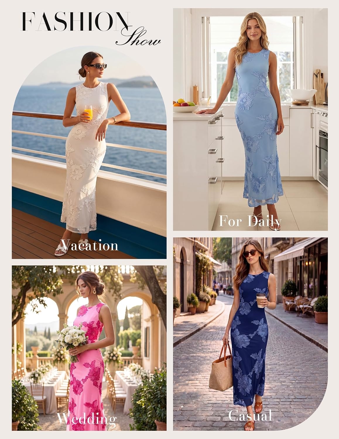 image:imageGRACE KARIN Womens Summer Floral Mesh Wedding Guest Dress SleevelessCrew NeckBodyconMidi Long DressesSemi FormalBridal ShowerCocktailPartySexy PromBeachCream