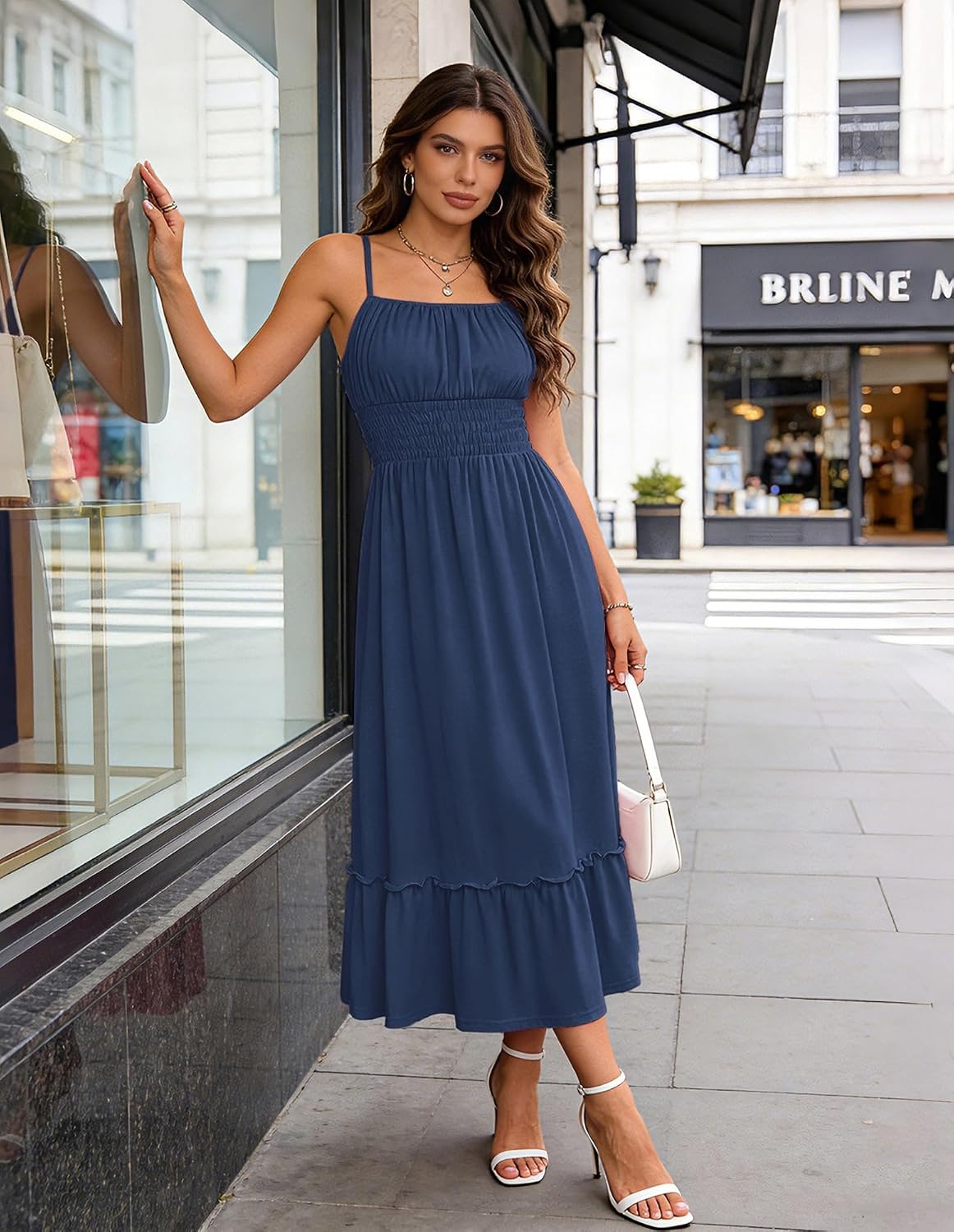 image:imageGRACE KARIN Womens Summer Maxi Dresses 2026 Beach Vacation Dress Casual Smocked Waist Spaghetti Strap Sleeveless Boho Sundress With Pockets Trendy Fashion OutfitsNavy Blue