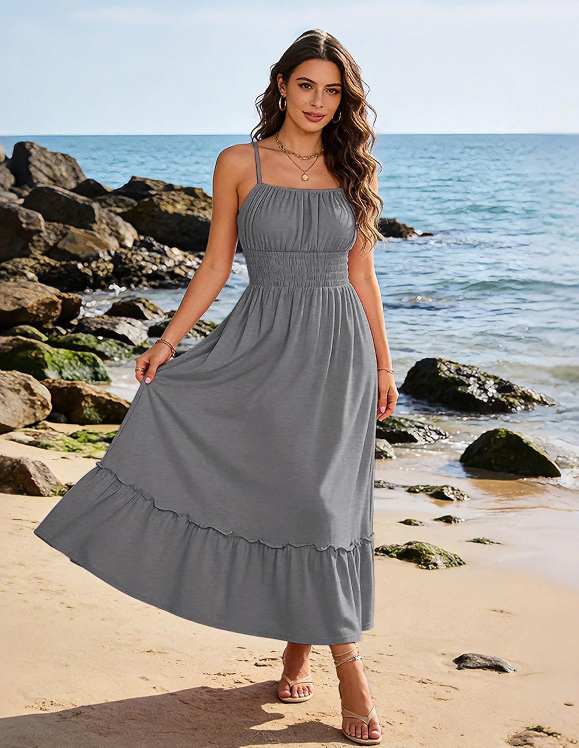 image:imageGRACE KARIN Womens Summer Maxi Dresses 2026 Beach Vacation Dress Casual Smocked Waist Spaghetti Strap Sleeveless Boho Sundress With Pockets Trendy Fashion OutfitsGray