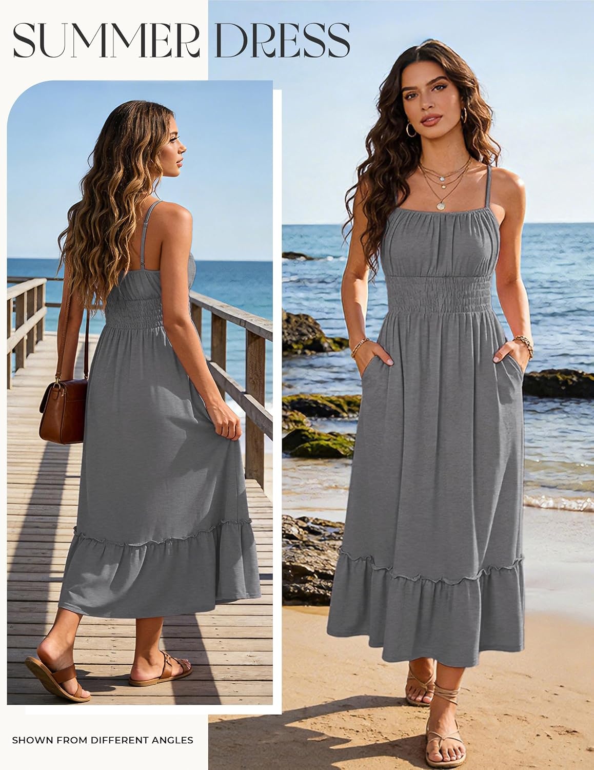 image:imageGRACE KARIN Womens Summer Maxi Dresses 2026 Beach Vacation Dress Casual Smocked Waist Spaghetti Strap Sleeveless Boho Sundress With Pockets Trendy Fashion OutfitsGray