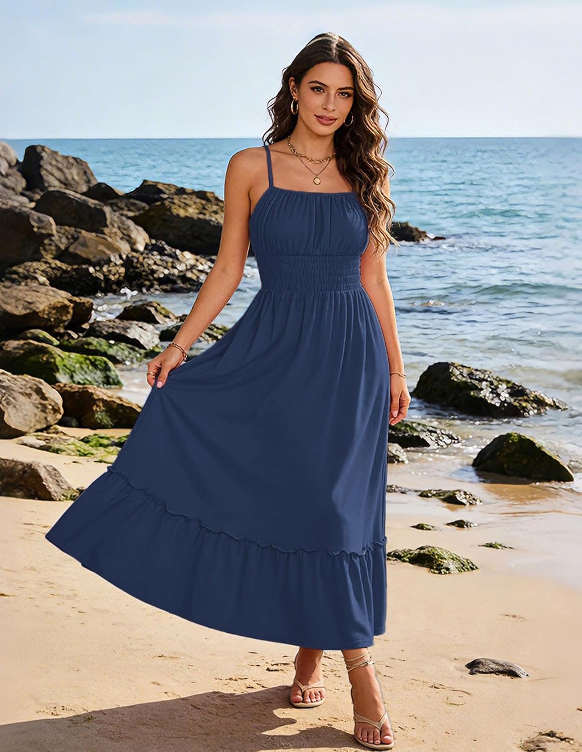 image:imageGRACE KARIN Womens Summer Maxi Dresses 2026 Beach Vacation Dress Casual Smocked Waist Spaghetti Strap Sleeveless Boho Sundress With Pockets Trendy Fashion OutfitsNavy Blue
