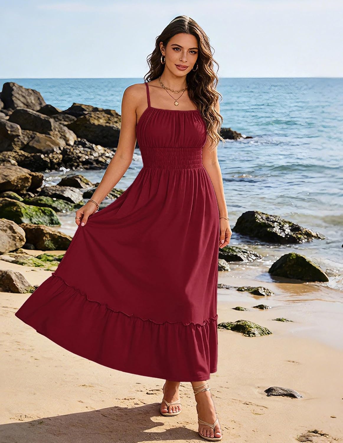 image:imageGRACE KARIN Womens Summer Maxi Dresses 2026 Beach Vacation Dress Casual Smocked Waist Spaghetti Strap Sleeveless Boho Sundress With Pockets Trendy Fashion OutfitsBurgundy