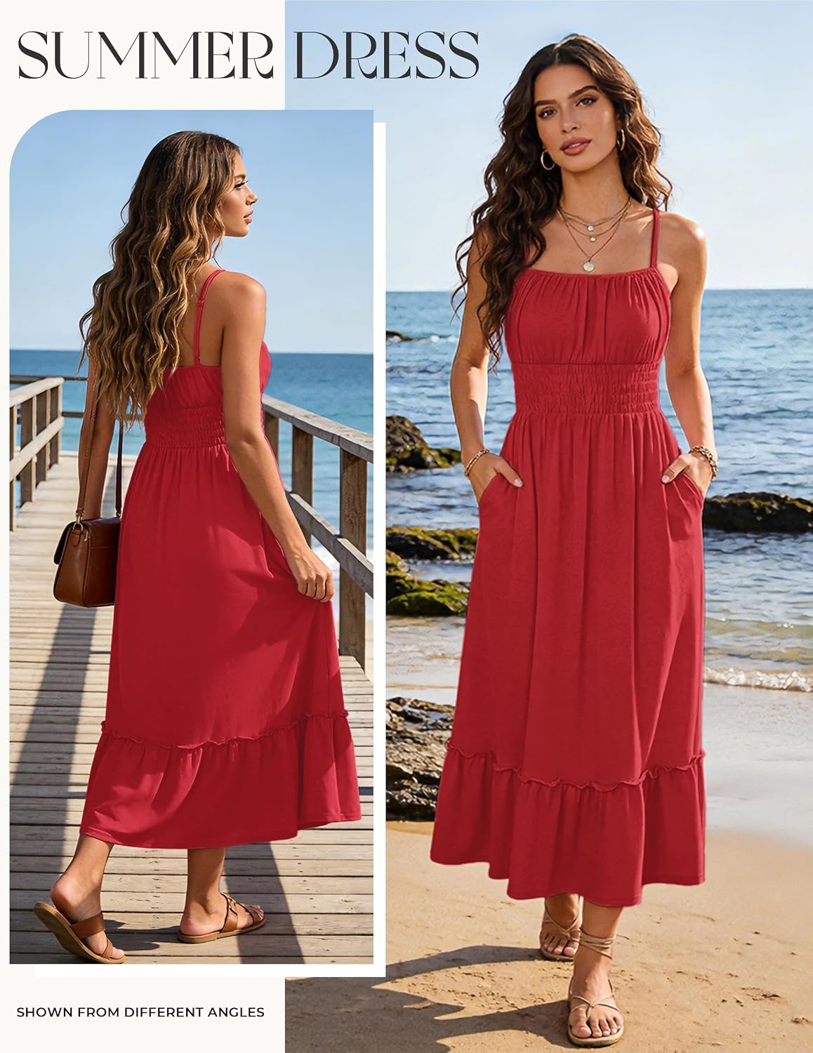 image:imageGRACE KARIN Womens Summer Maxi Dresses 2026 Beach Vacation Dress Casual Smocked Waist Spaghetti Strap Sleeveless Boho Sundress With Pockets Trendy Fashion OutfitsRed
