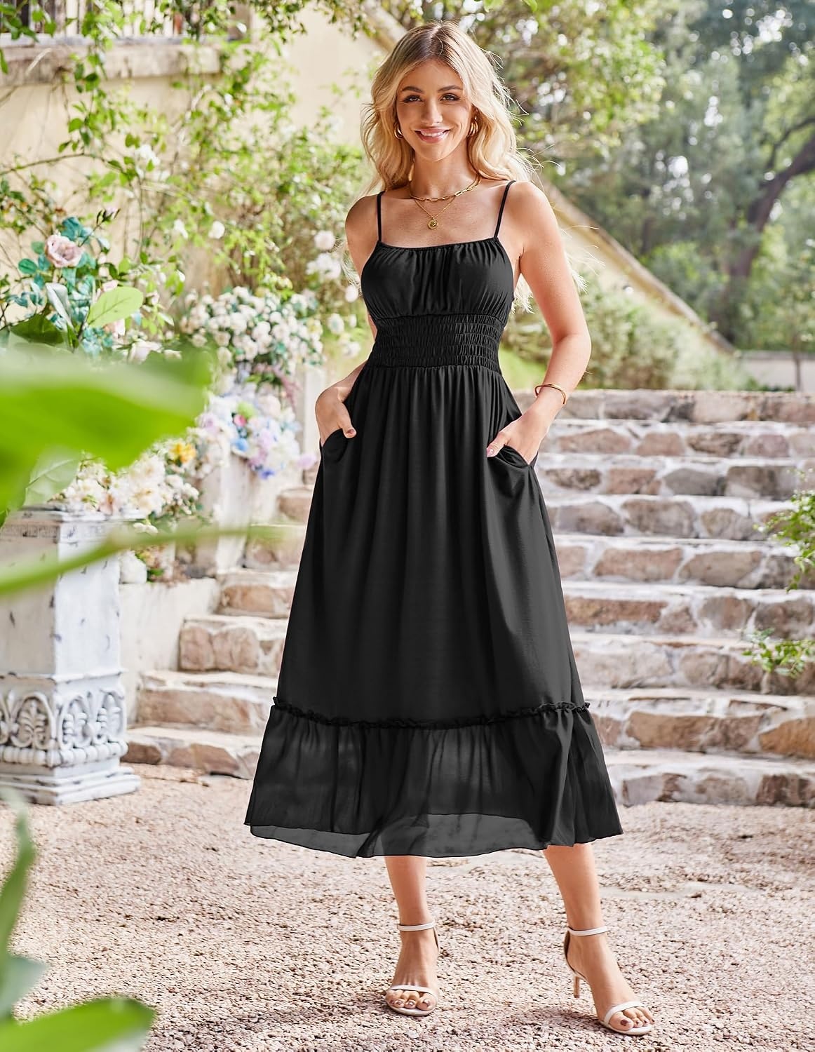 image:imageGRACE KARIN Womens Summer Maxi Dresses 2026 Beach Vacation Dress Casual Smocked Waist Spaghetti Strap Sleeveless Boho Sundress With Pockets Trendy Fashion OutfitsBlack