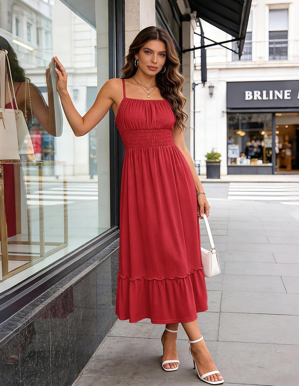 image:imageGRACE KARIN Womens Summer Maxi Dresses 2026 Beach Vacation Dress Casual Smocked Waist Spaghetti Strap Sleeveless Boho Sundress With Pockets Trendy Fashion OutfitsRed