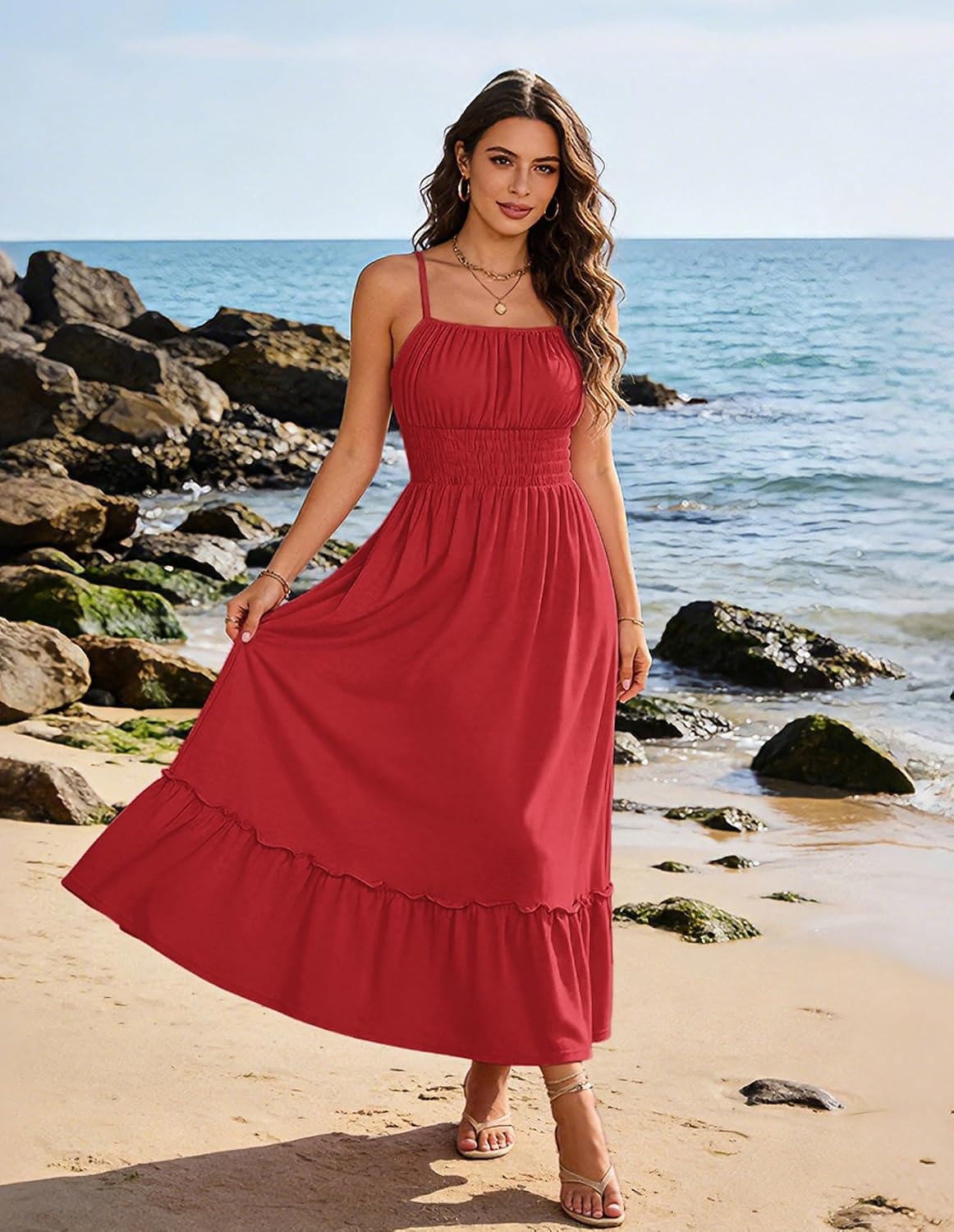 image:imageGRACE KARIN Womens Summer Maxi Dresses 2026 Beach Vacation Dress Casual Smocked Waist Spaghetti Strap Sleeveless Boho Sundress With Pockets Trendy Fashion OutfitsRed